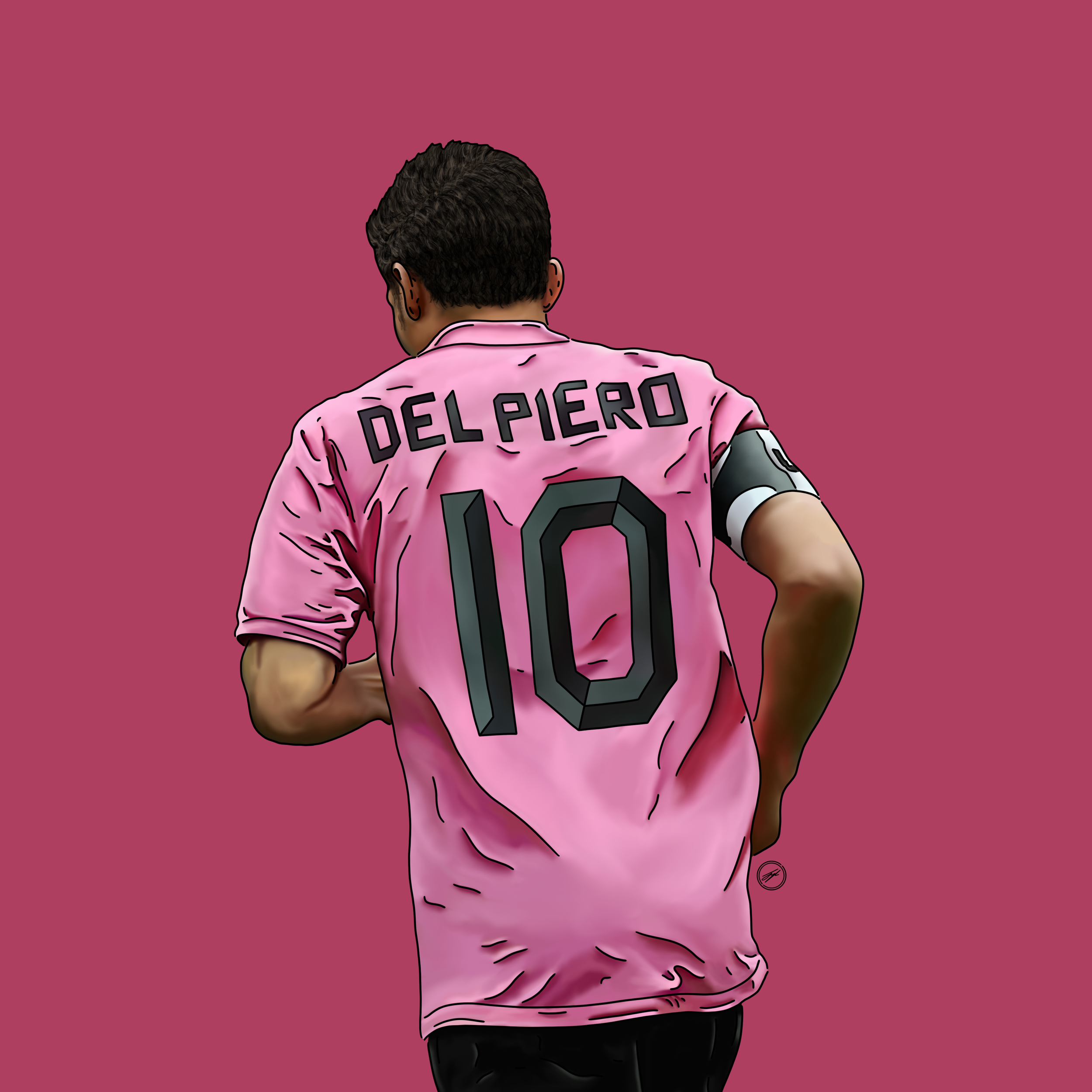 Digital illustration of a soccer player wearing a pink jersey with 'DEL PIERO' and number 10 on the back, standing against a pink background, viewed from behind.