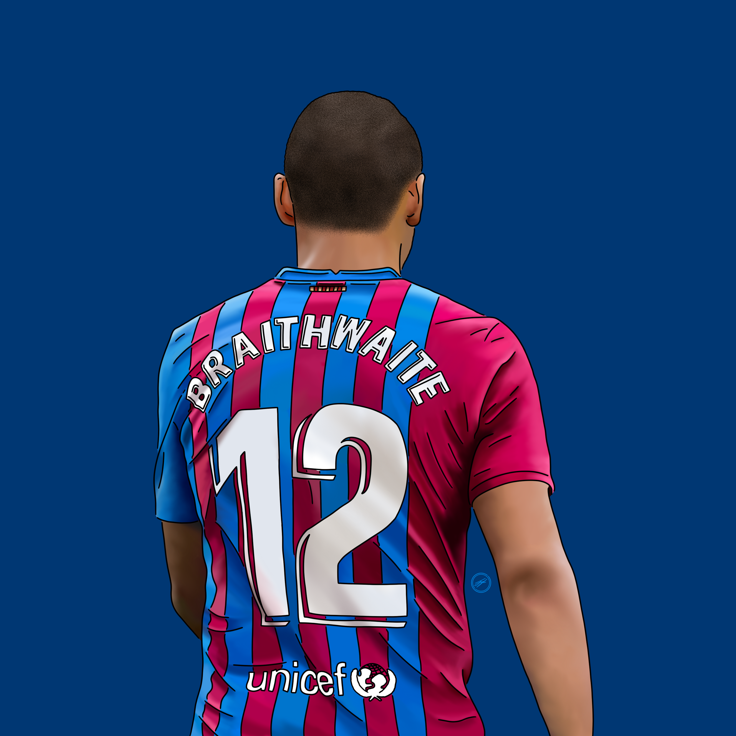 Back view of a soccer player wearing a blue and pink striped jersey with the name 'BRAITHWAITE' and the number 12, with a UNICEF logo at the bottom.