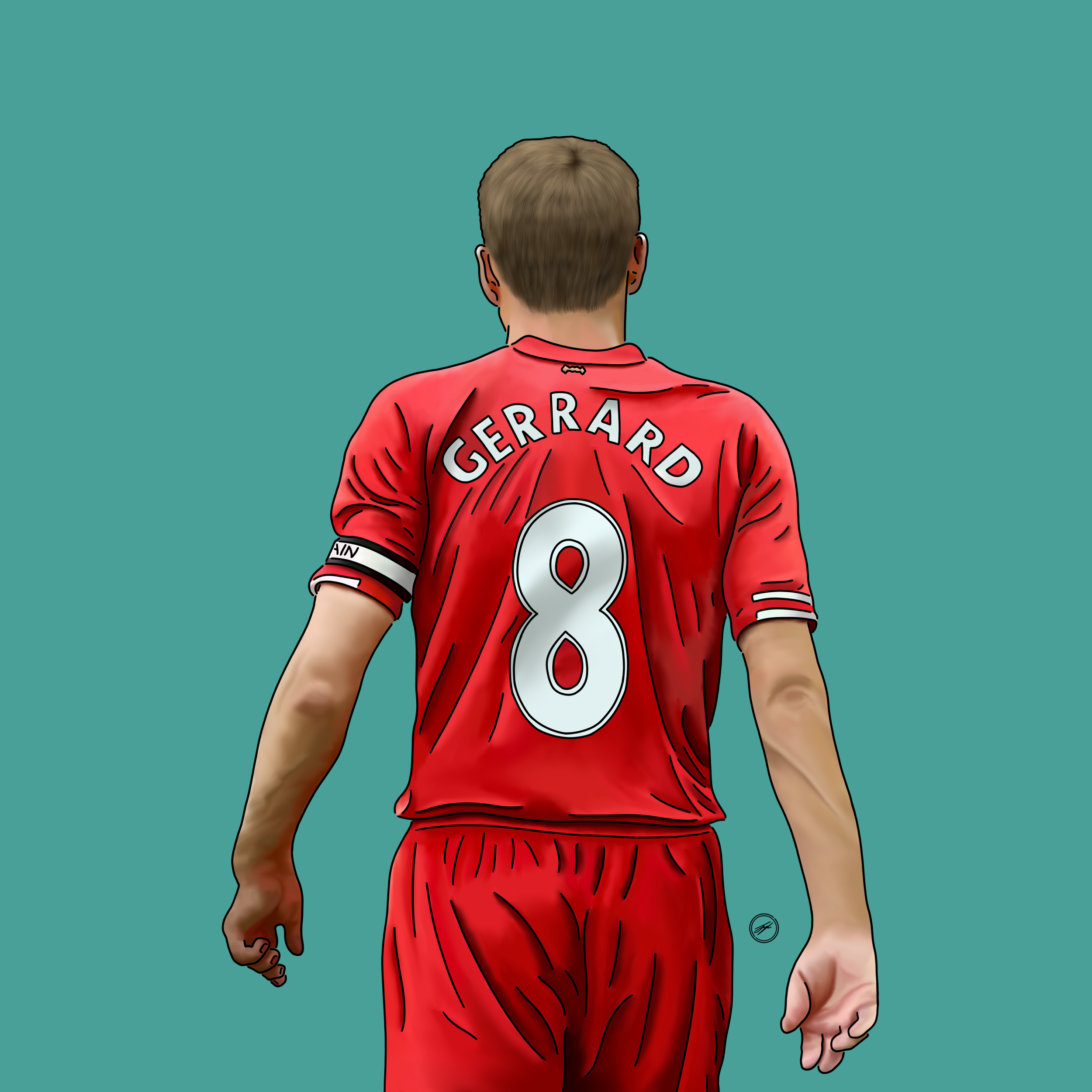 Digital illustration of a male soccer player from behind wearing a red jersey with the name 'GERRARD' and number '8' on the back, walking with a teal background.