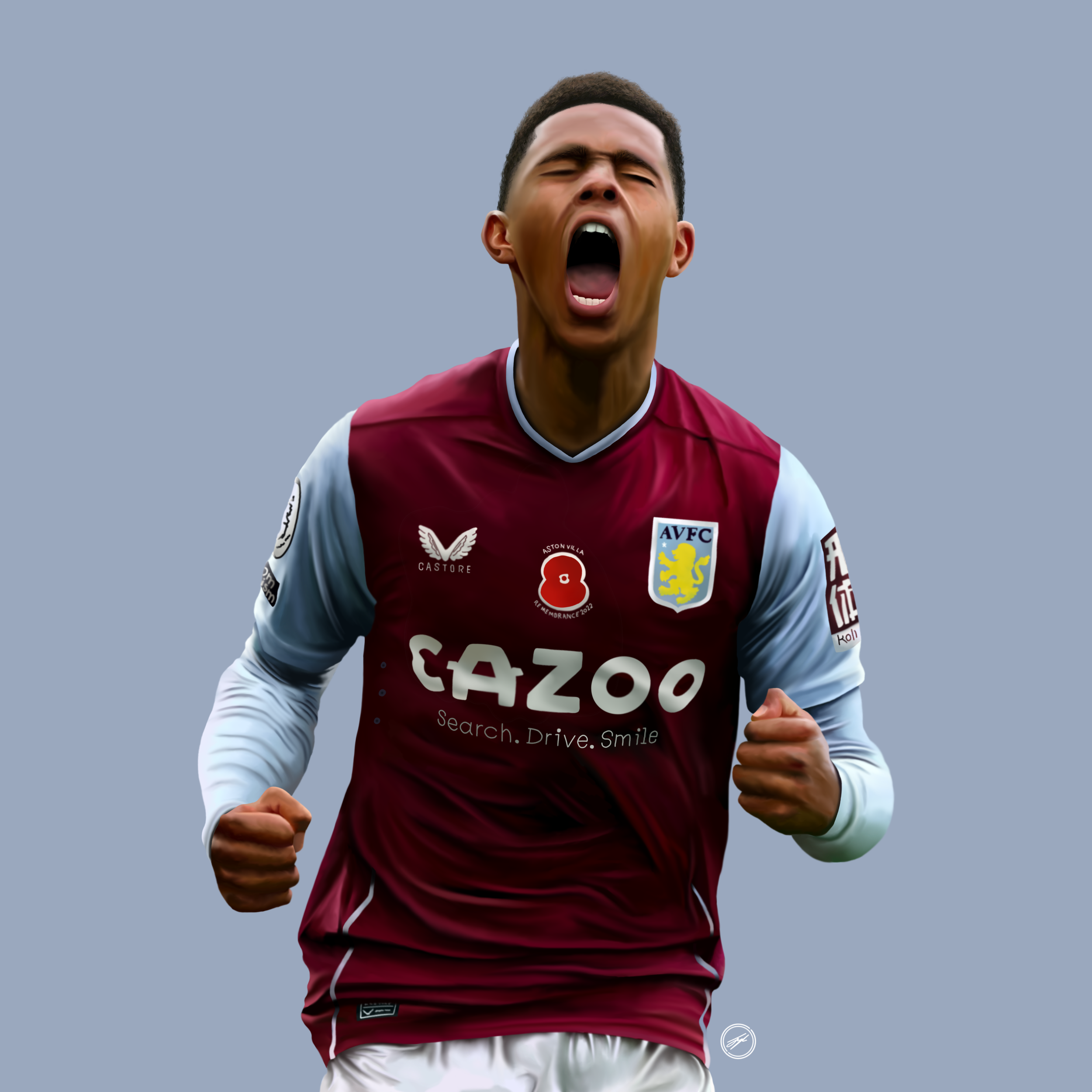 A soccer player in an Aston Villa jersey celebrating with clenched fists and open mouth.