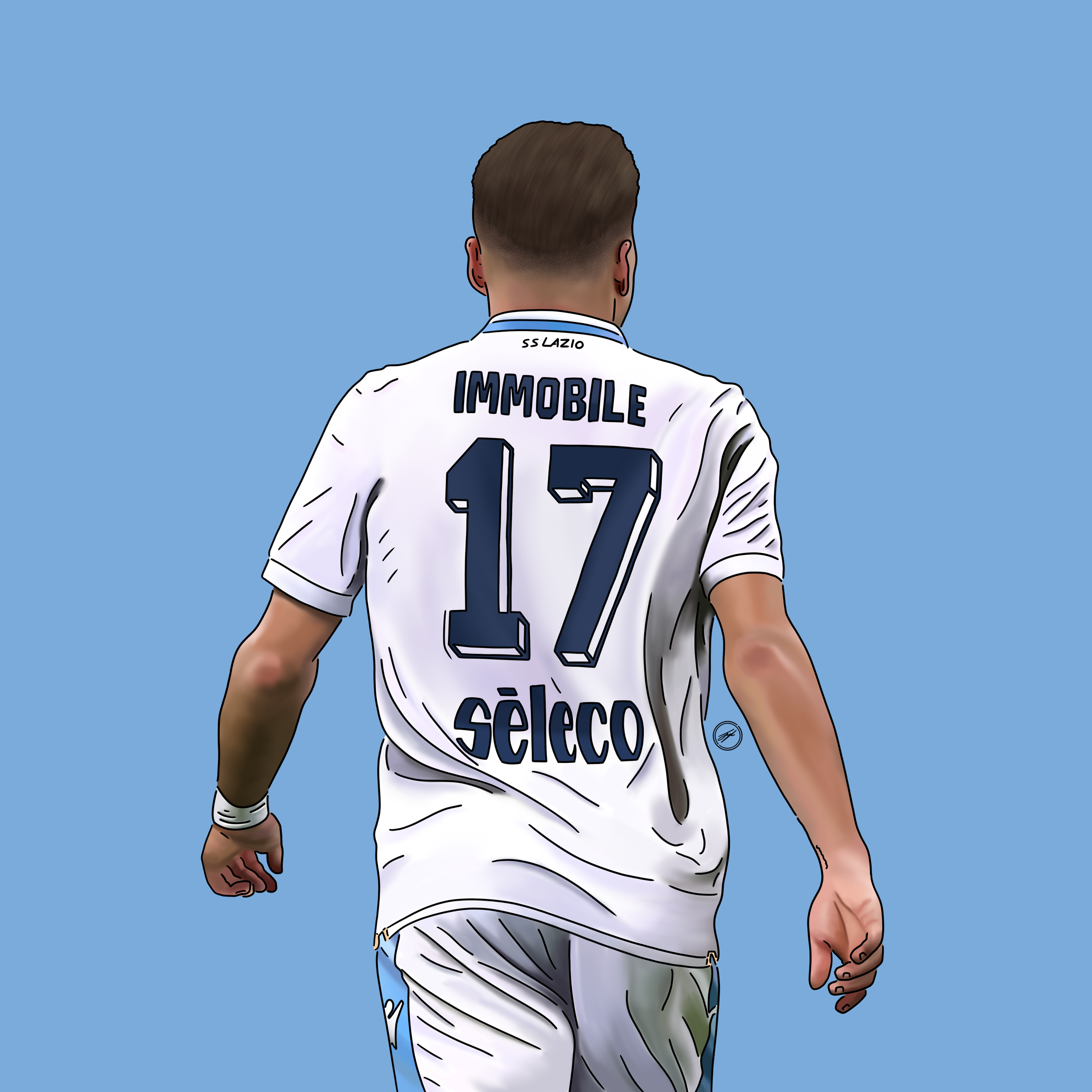 Back view of soccer player Immobile wearing white jersey with number 17 against blue background.