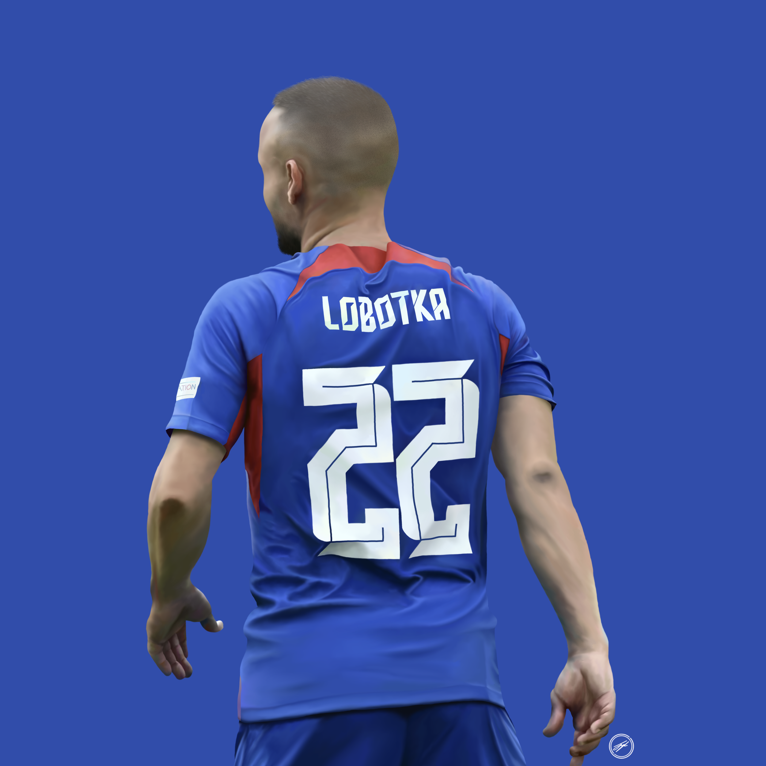 Back view of a soccer player wearing a blue jersey with red accents, number 22, and the name 'LOBOTKA' on the back, standing against a blue background.