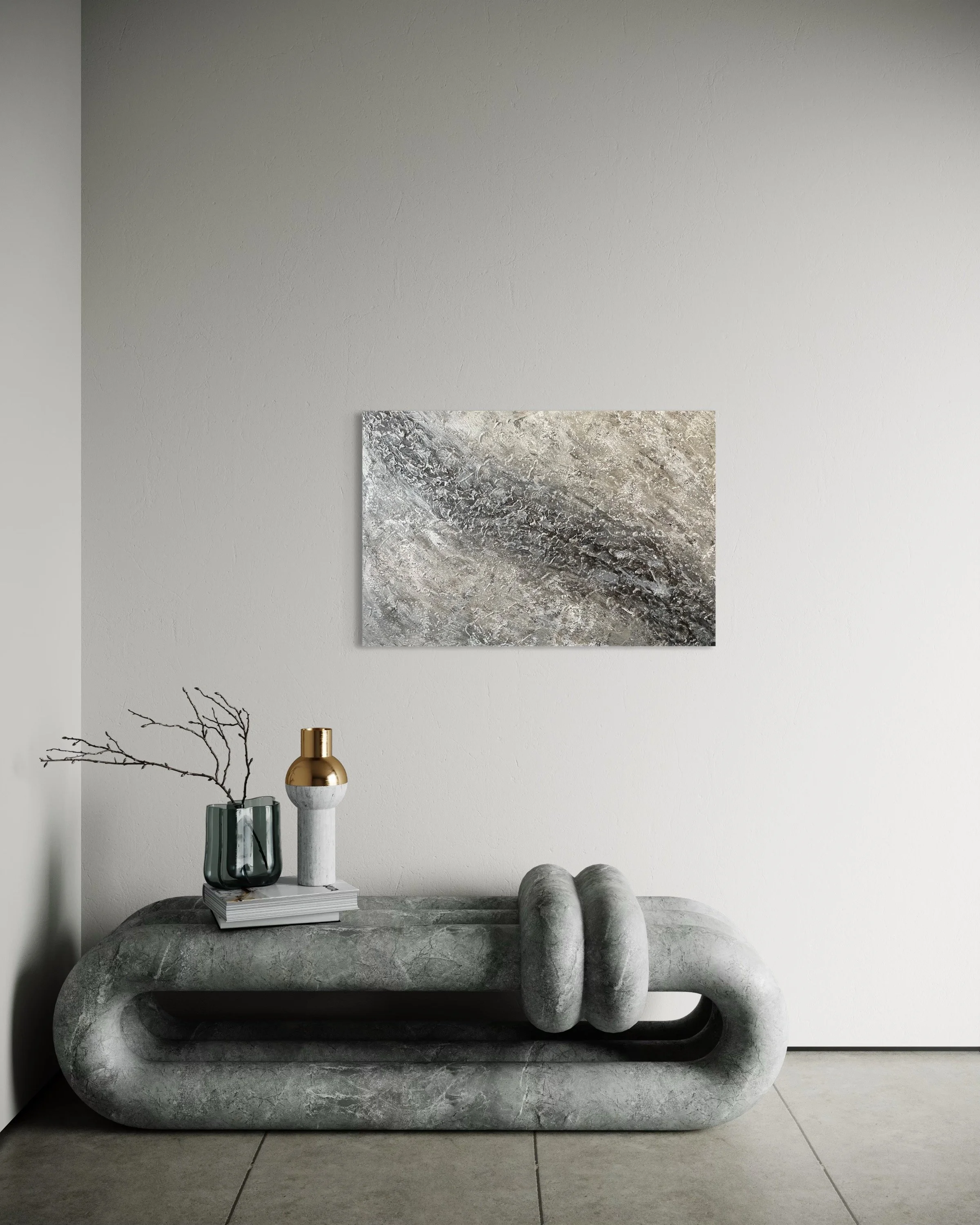 Contemporary minimalist living room with abstract painting, stone sculpture, green glass vase, and modern decor on a bench.