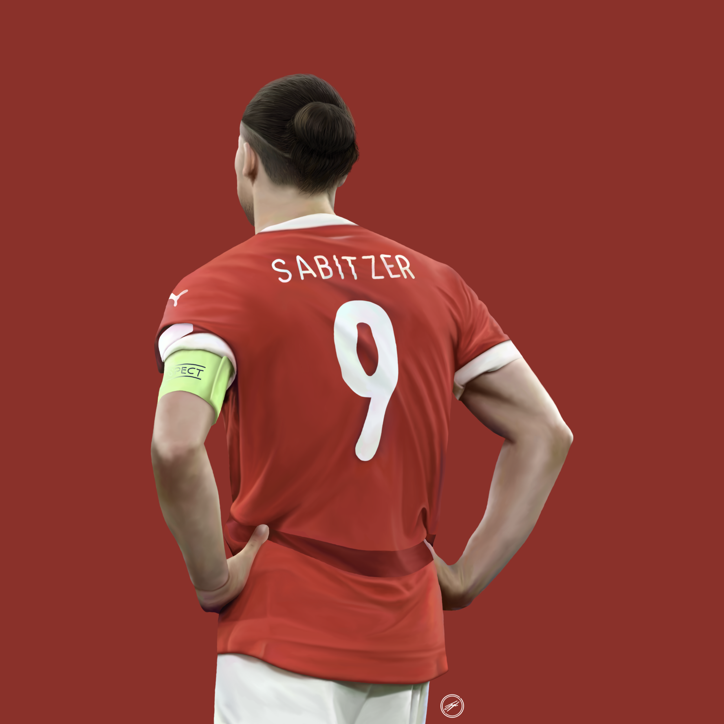 Rear view of a soccer player in a red jersey with the name Sabitzer and number 9, standing with hands on hips, wearing a yellow captain's armband.