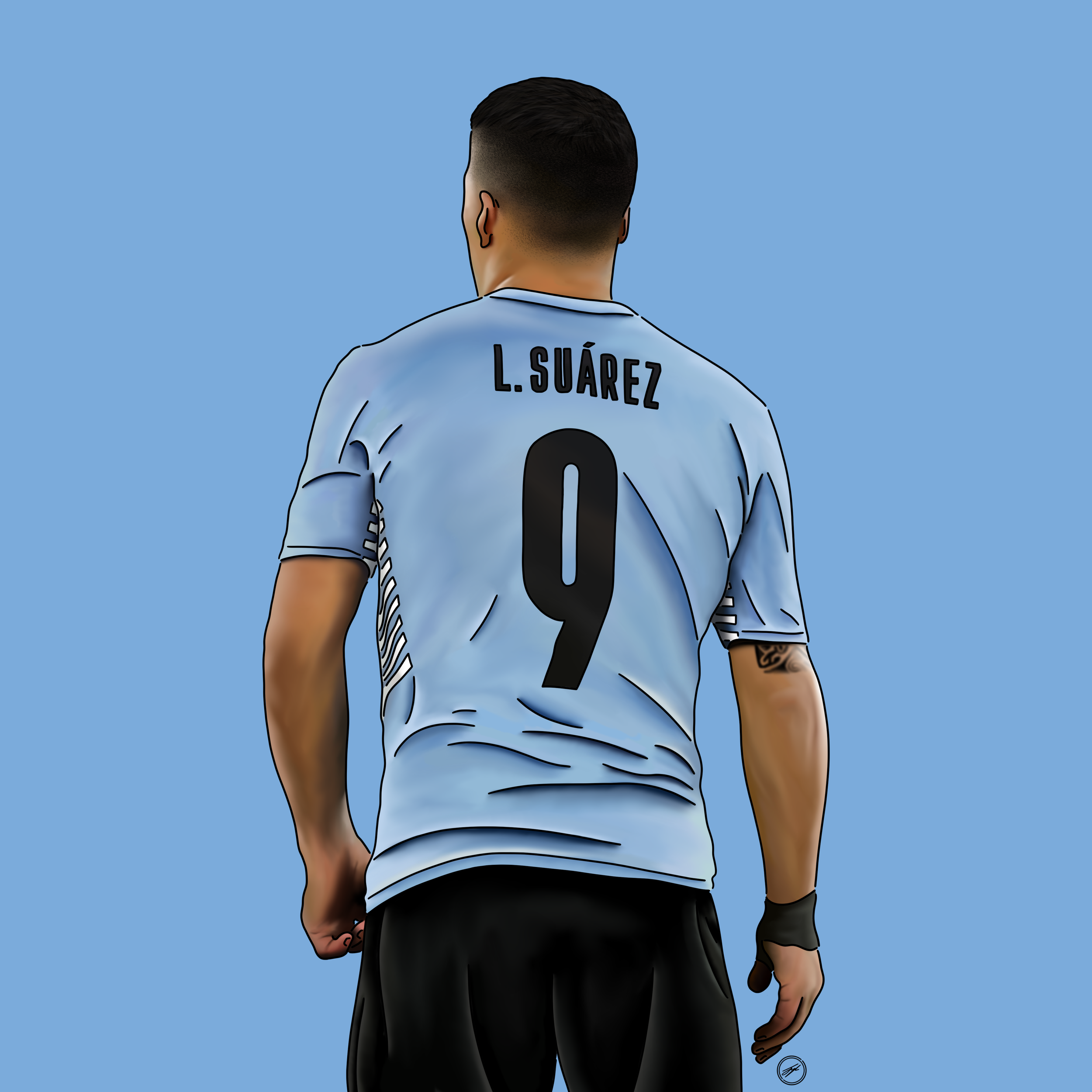 Digital illustration of a male soccer player from behind wearing a light blue jersey with 'L. Suárez' and the number 9 printed in black, against a solid blue background.