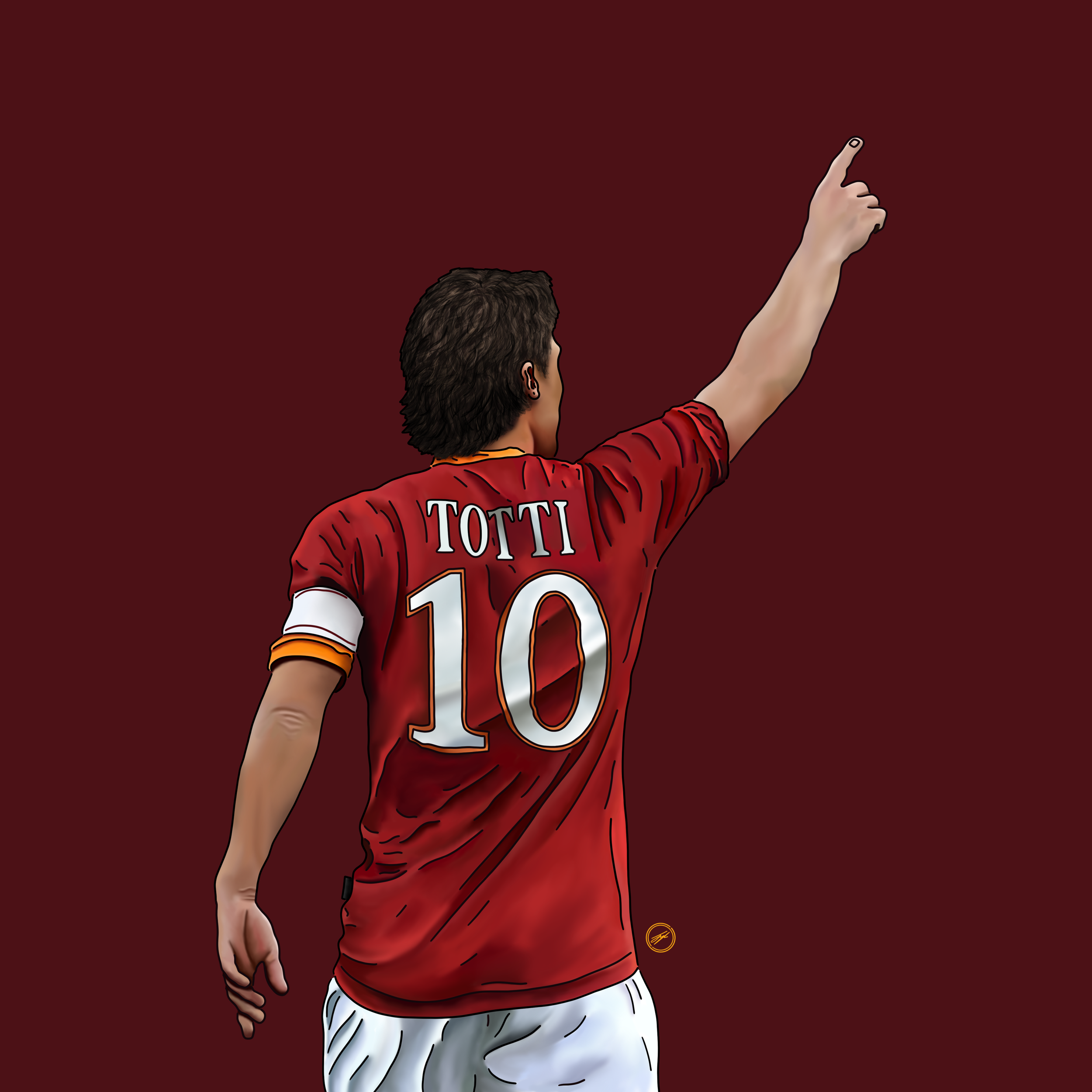 Illustration of a soccer player wearing a red jersey with 'Totti' and the number 10, raising his right arm with his index finger pointing upwards, against a dark red background.