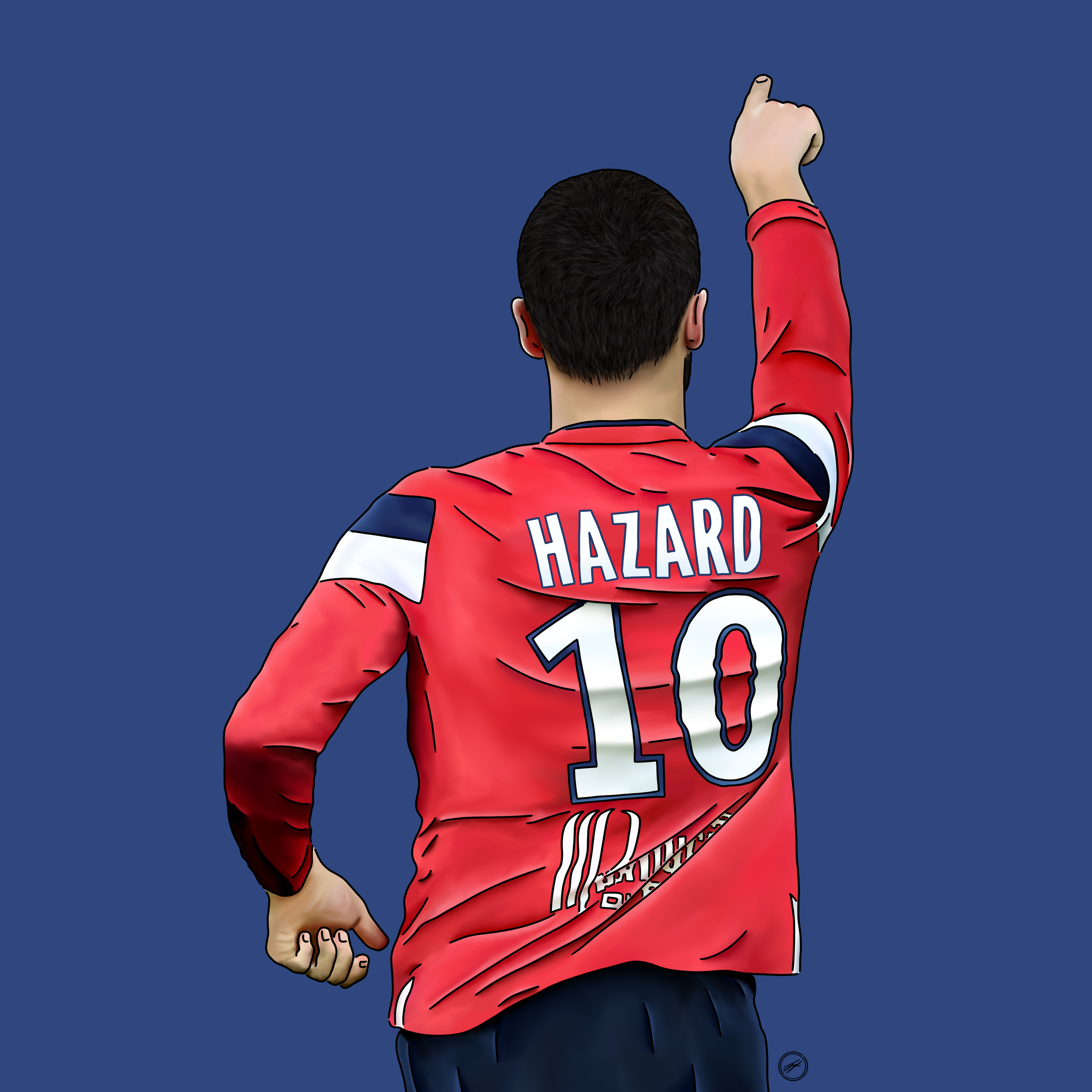 Digital illustration of a soccer player from behind, wearing a red jersey with the name 'Hazard' and number 10, raising his right hand with the index finger pointing upward, against a solid blue background.