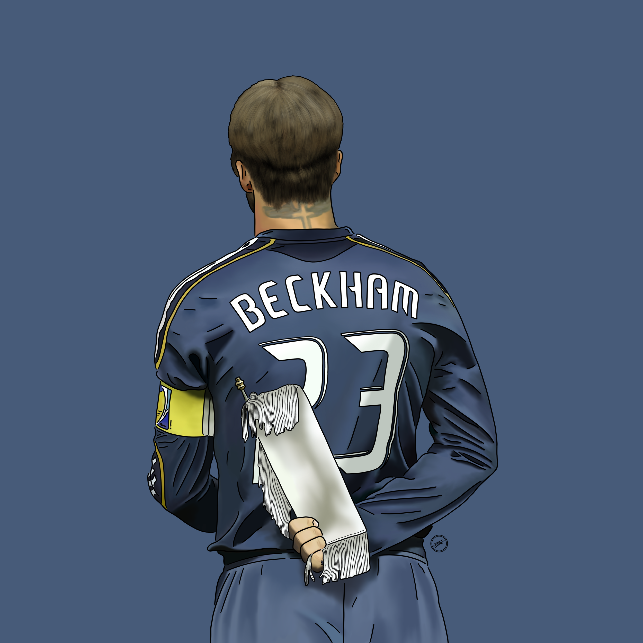 An illustration of David Beckham seen from behind wearing a football jersey with his name and number, holding a ceremonial flag, against a plain background.