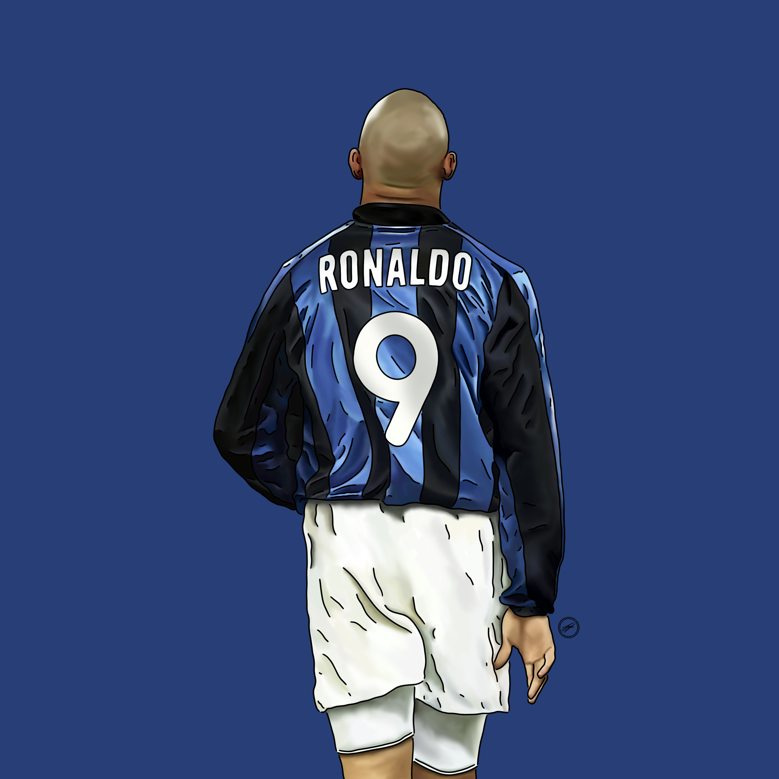 Illustration of a soccer player from behind, wearing a black and blue striped jersey with the name 'Ronaldo' and the number '9' on the back, standing against a plain blue background.