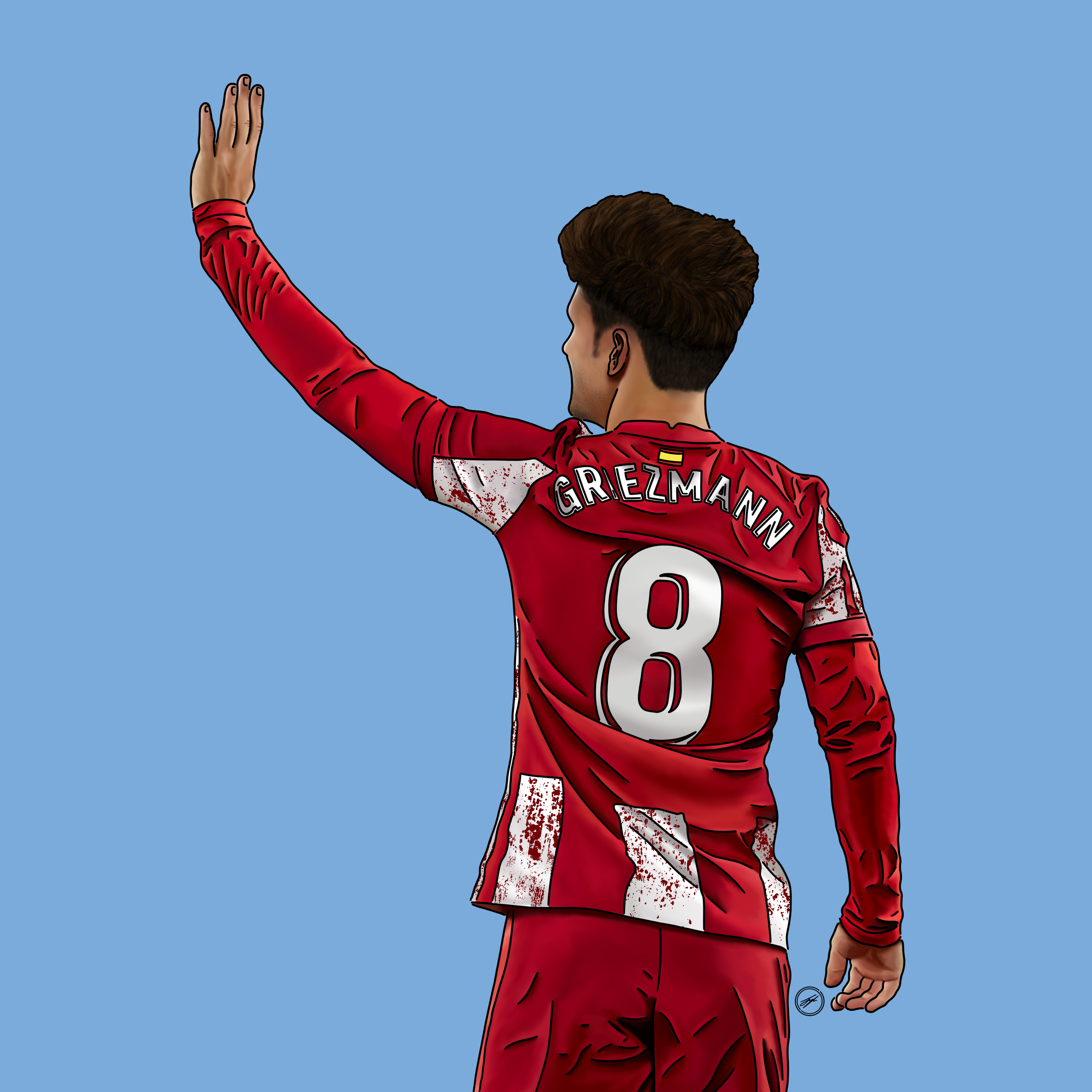 Digital illustration of a soccer player from behind, wearing a red and white jersey with the name 'Griezmann' and the number 8, waving with his right hand against a blue background.