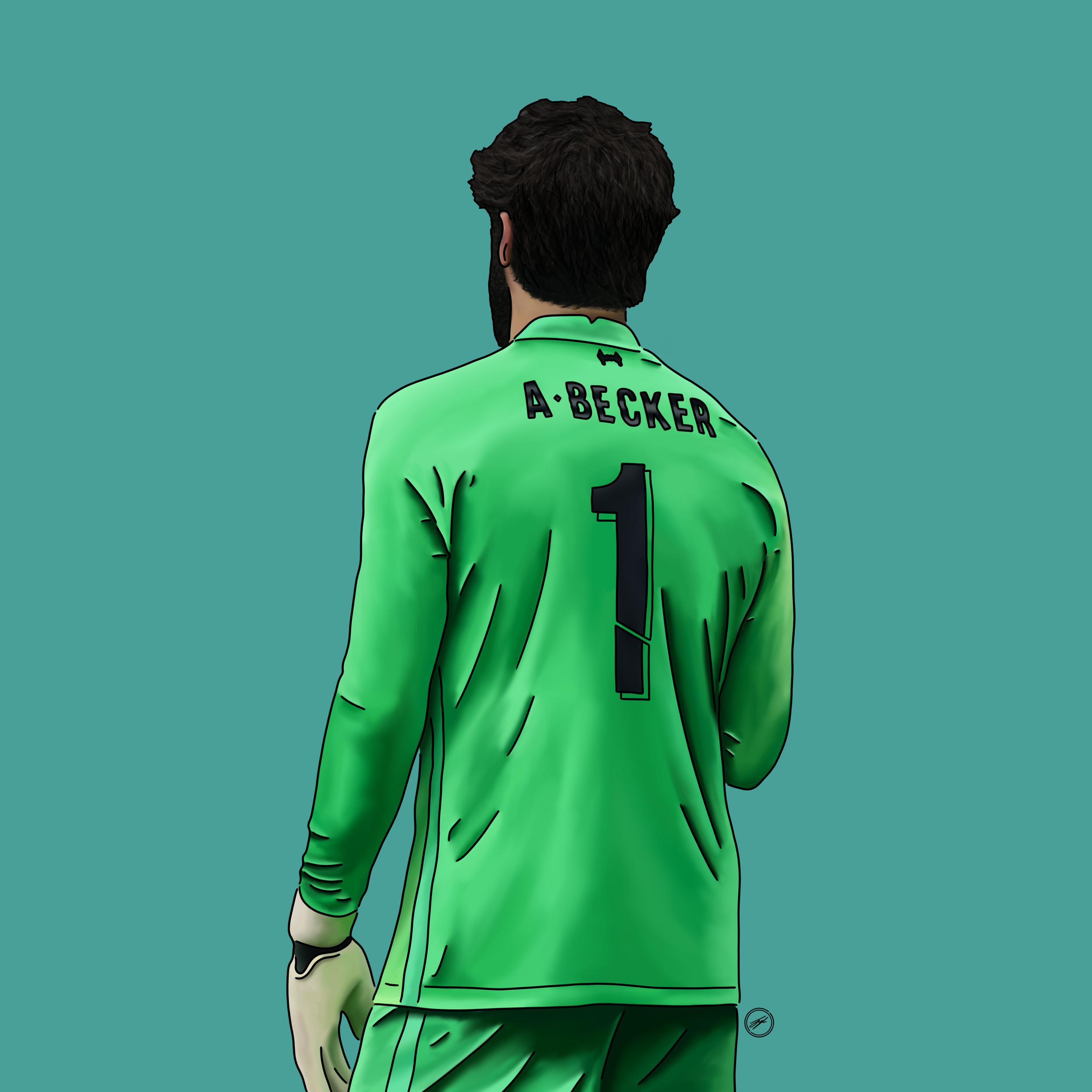 Digital illustration of a soccer goalkeeper from behind, wearing a green jersey with the name 'A. Becker' and the number '1' on the back, standing against a teal background.