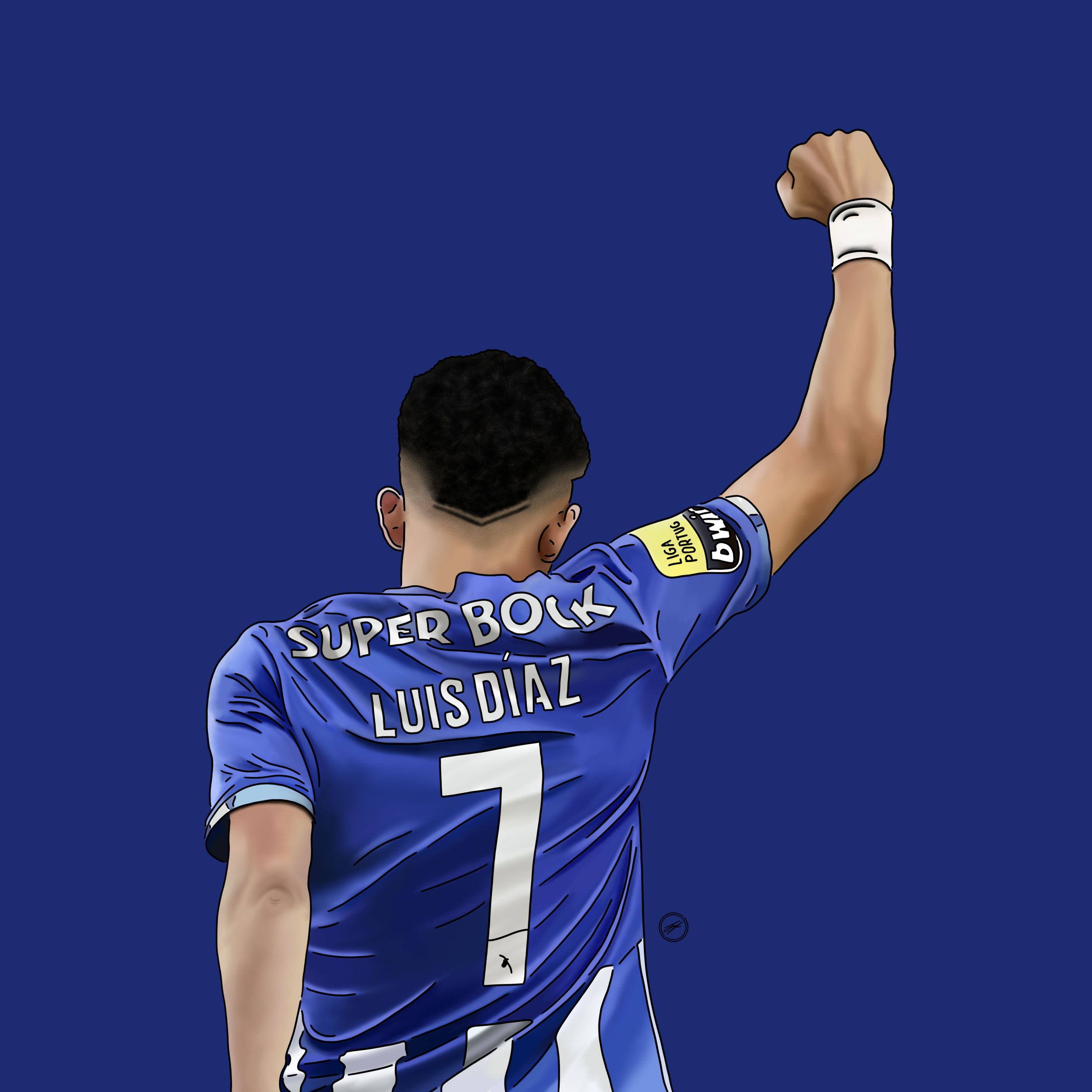 Digital illustration of a soccer player from behind, wearing a blue jersey with 'LUIS DÍAZ' and the number 7, raising a fist. The jersey reads 'SUPER BOLK' and has patches on the arm. The background is solid blue.