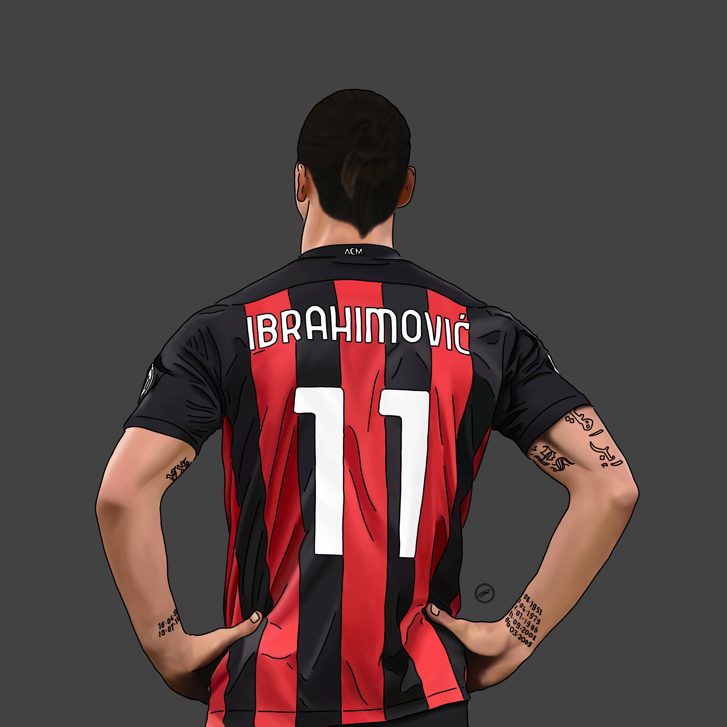 Back view of a football player wearing a red and black striped jersey with the name 'IBRAHIMOVIC' and the number 11, standing with hands on hips against a dark background.