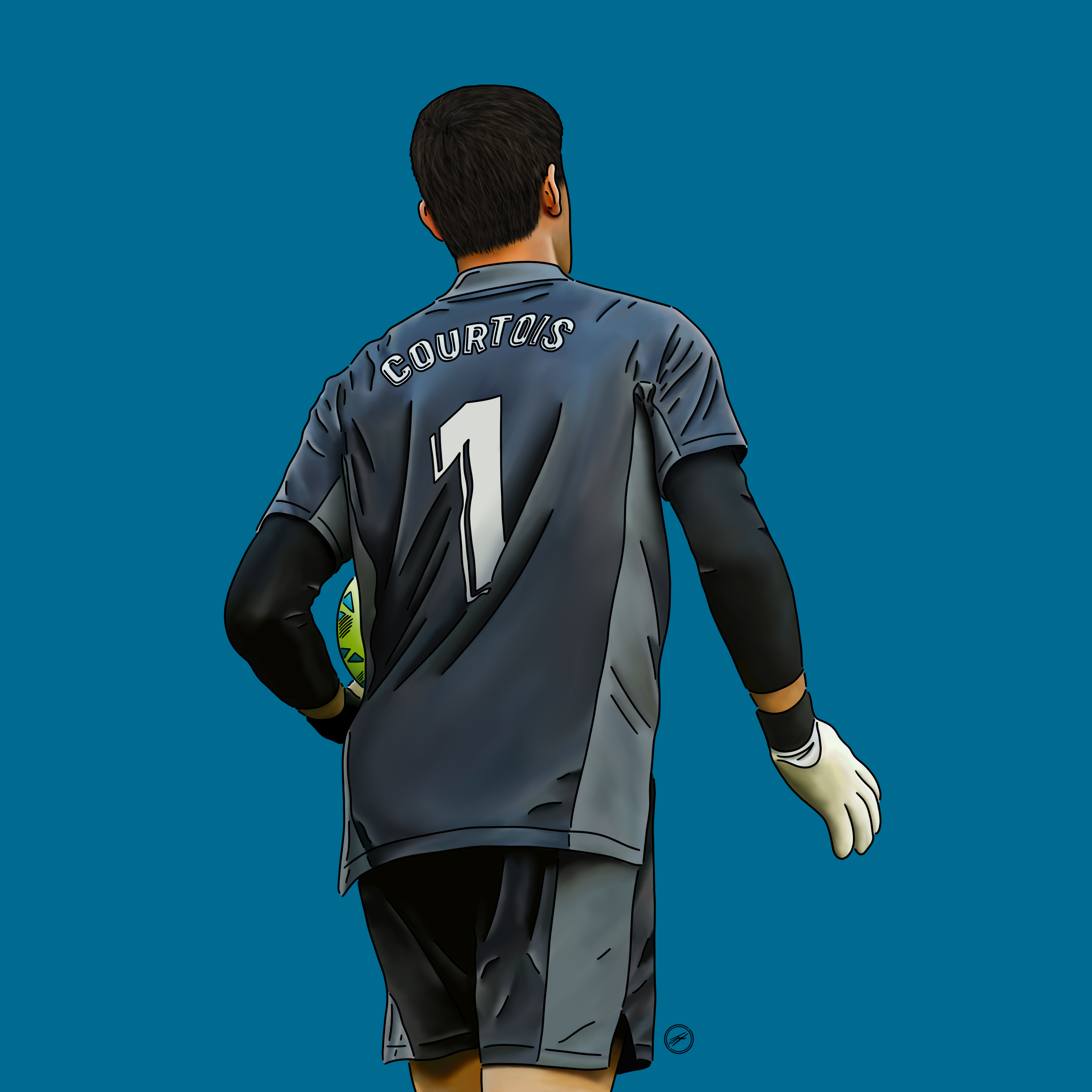 Illustration of a soccer goalkeeper from behind, wearing a gray jersey with the name 'Courtois' and number 1, holding a soccer ball, set against a blue background.