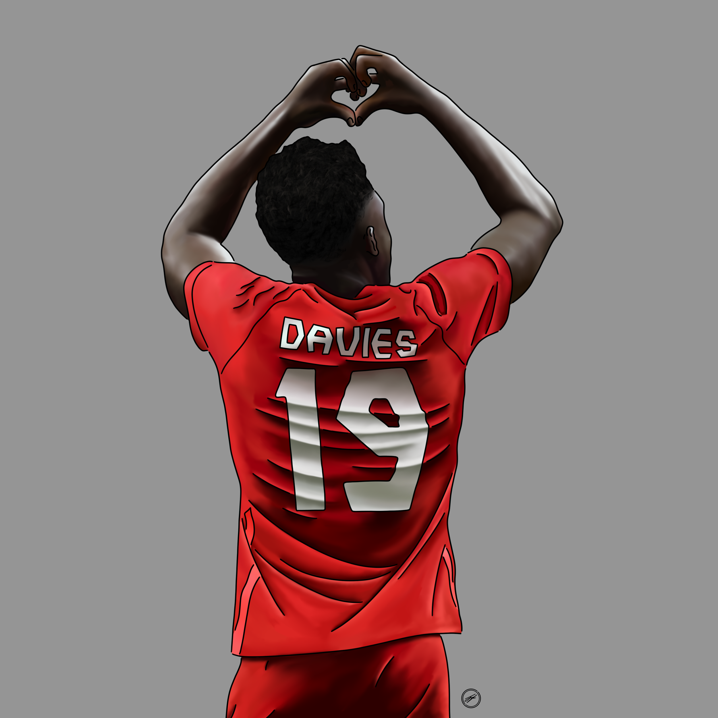 Illustration of a male athlete from behind in a red sports uniform with the name 'Davies' and the number '19' on his jersey, making a heart shape with his hands above his head.