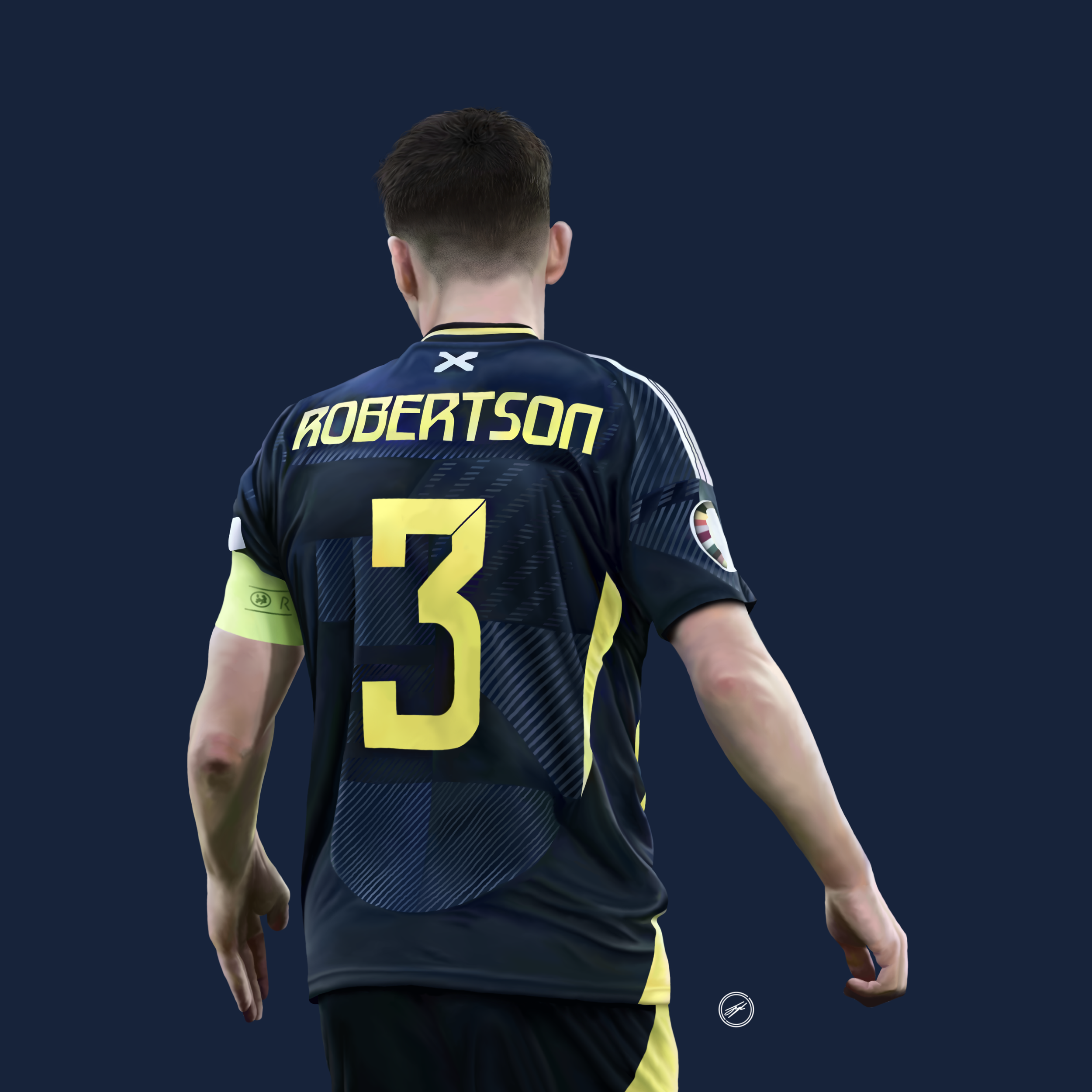 Back view of a soccer player wearing a navy blue and yellow jersey with the name 'ROBERTSON' and the number '3', standing against a dark blue background.