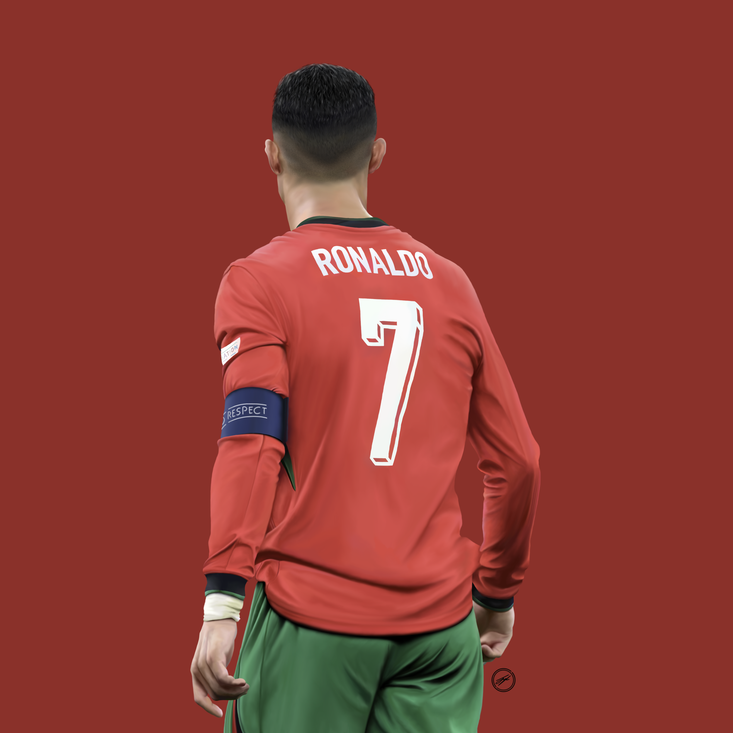 Rear view of soccer player Cristiano Ronaldo in a red jersey with the name and number 7, standing against a red background.
