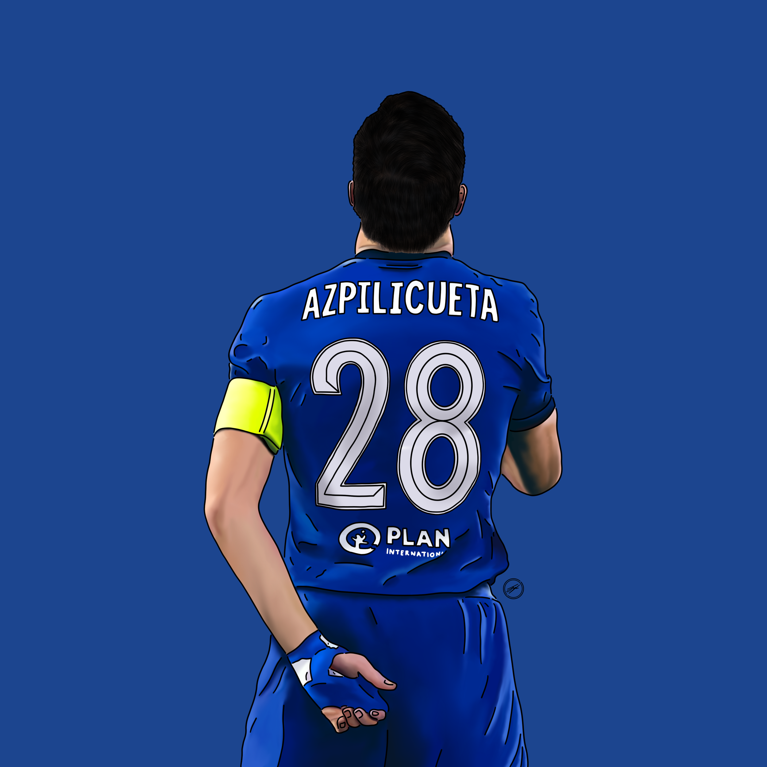 A digital illustration of a soccer player viewed from the back, wearing a blue jersey with the name 'AZPILICUETA' and the number 28, with a yellow captain's armband on the left arm and a logo near the waist.