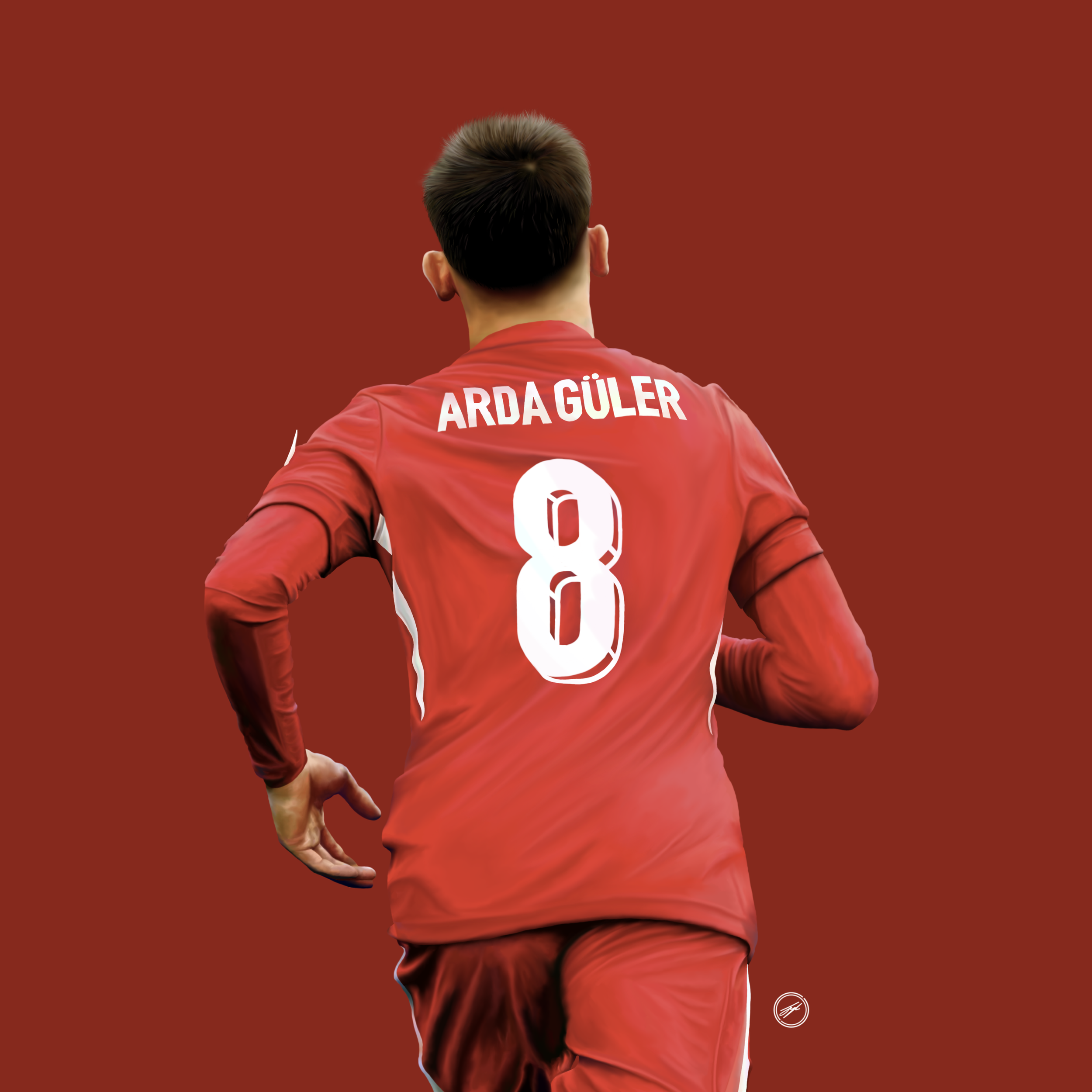 Back view of soccer player in red jersey with the name Ardagüler and the number 8, running with a red background.