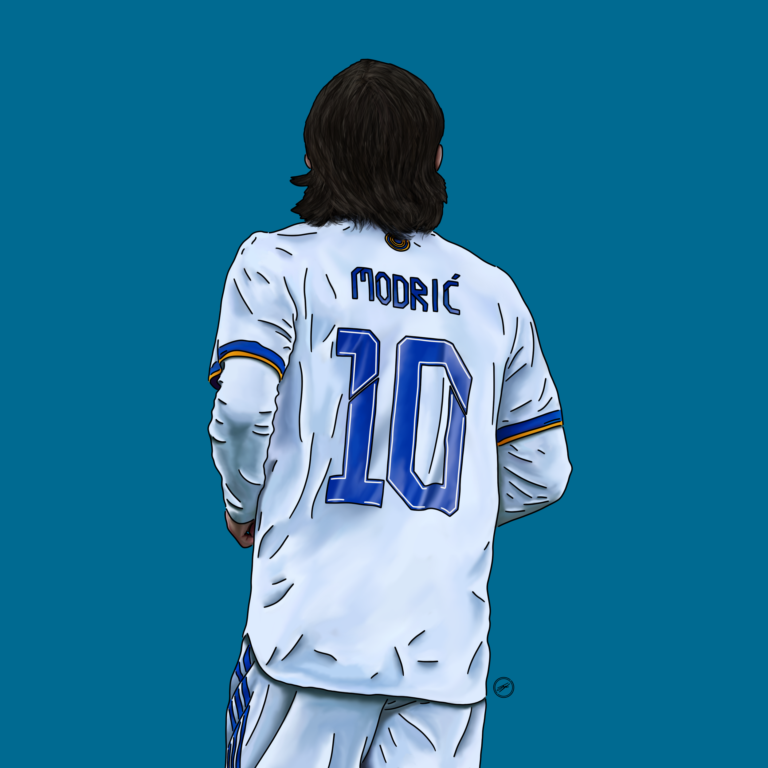 A digital illustration of a person from behind, wearing a white soccer jersey with the name 'MODRIĆ' and the number '10' on it, standing against a solid blue background.