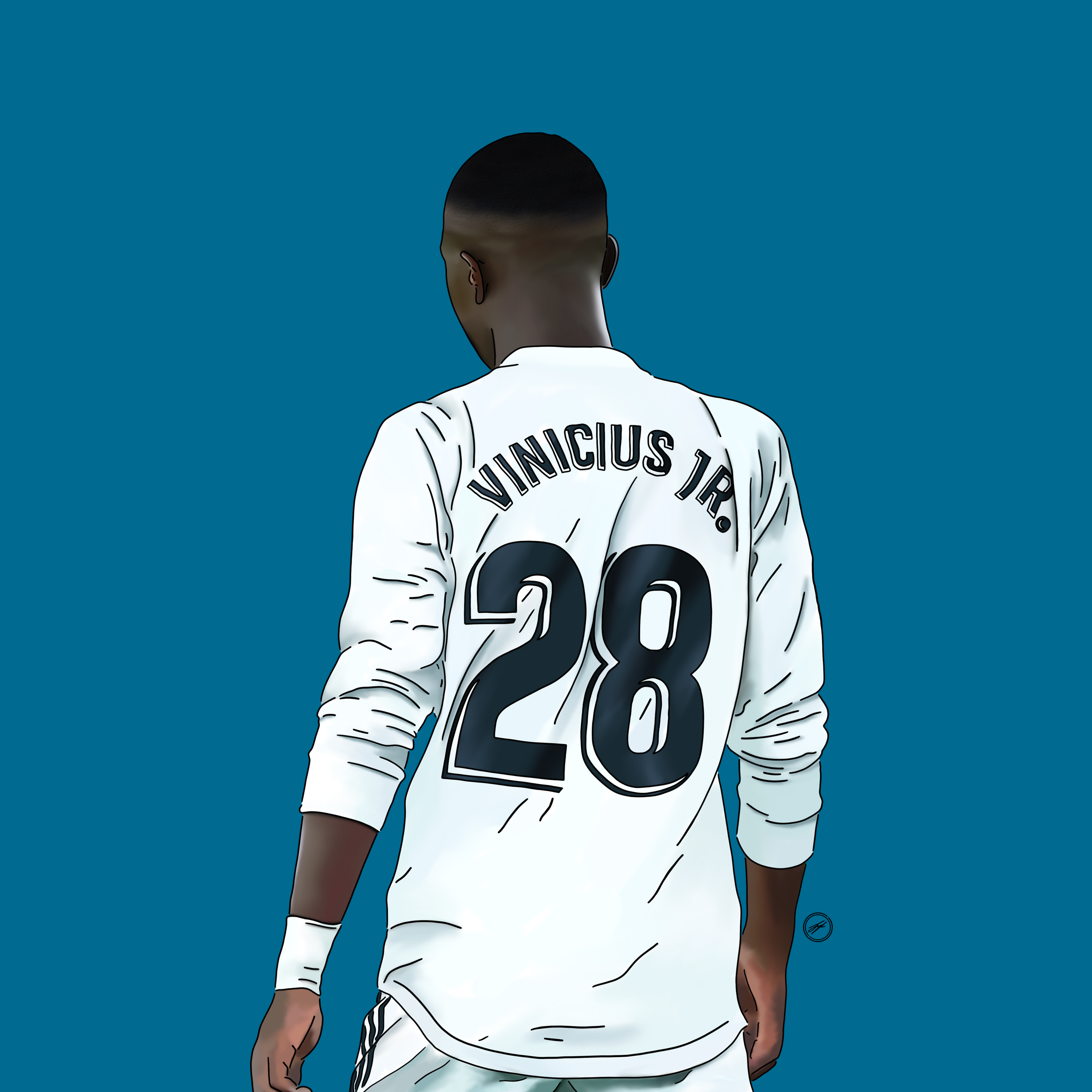 A digital illustration of a soccer player from behind, wearing a white jersey with the name 'VINICIUS J.R.' and the number '28', against a plain blue background.