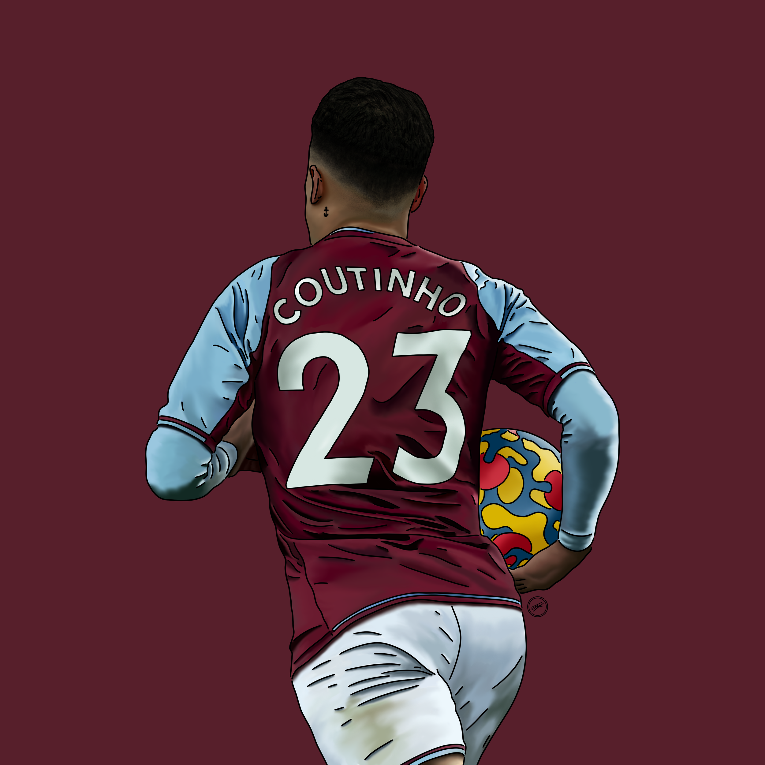 Digital illustration of a soccer player from West Ham United, seen from the back, wearing a maroon and light blue jersey with the name 'COUTINHO' and the number 23, holding a colorful patterned soccer ball.