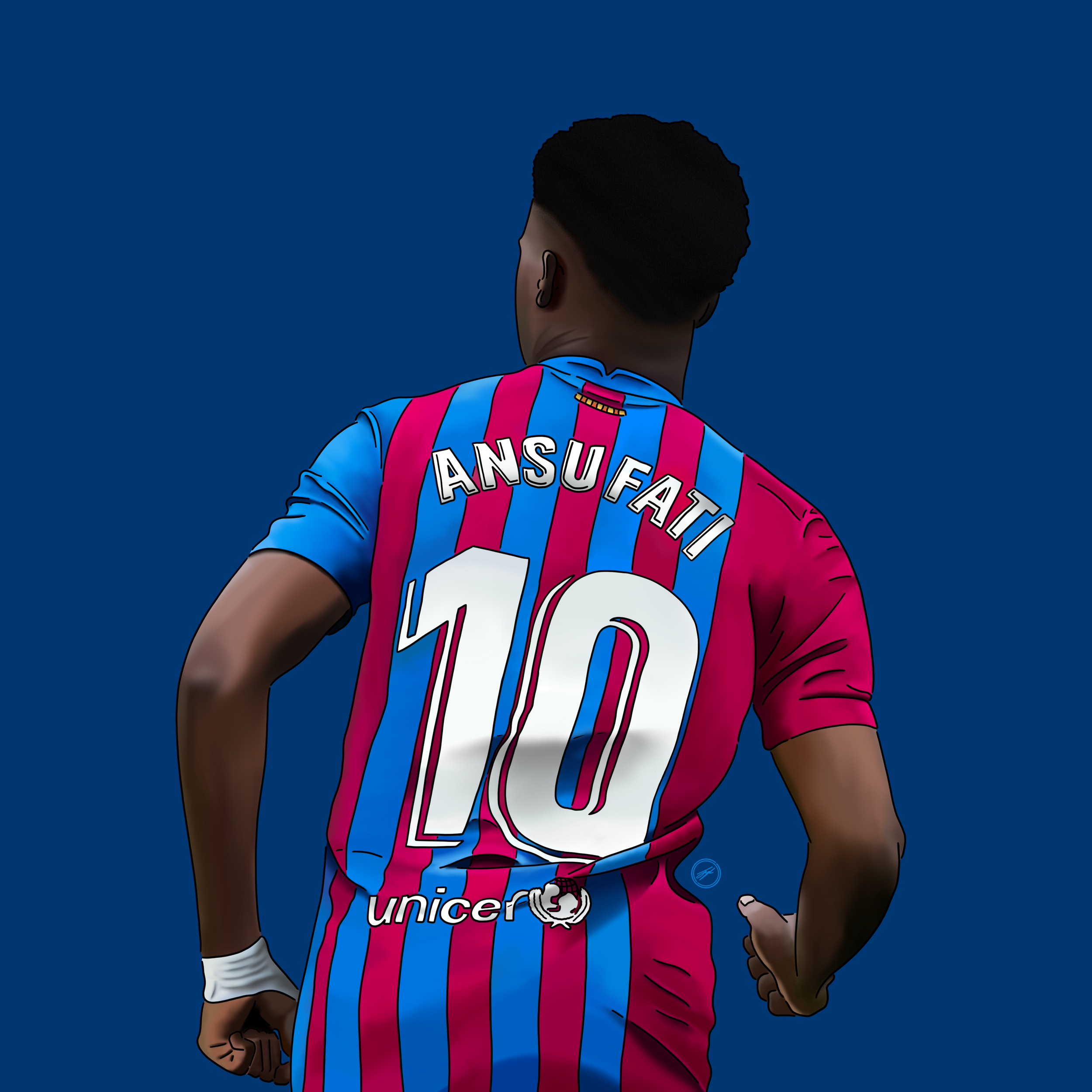 Digital illustration of a soccer player in a blue and pink striped jersey with the name Ansu Fati and the number 10 on the back, standing against a dark background.