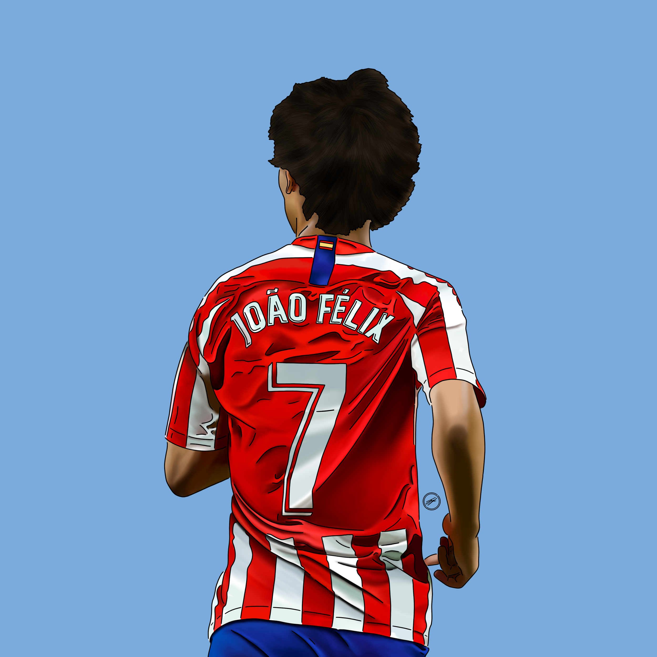 Illustration of a soccer player from behind, wearing a red and white striped jersey with the name 'João Félix' and number 7 on the back, against a plain blue background.