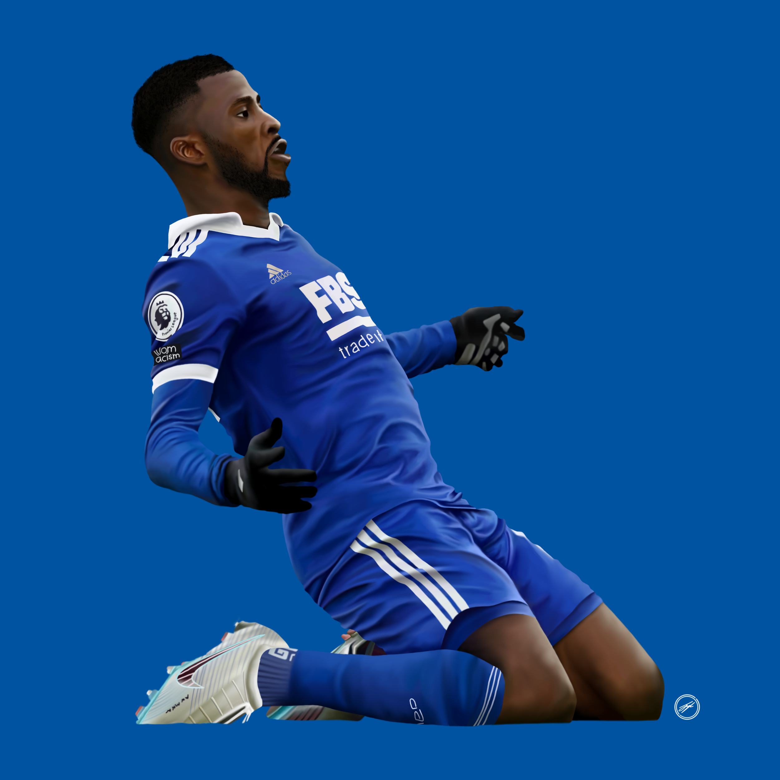 A soccer player in a blue uniform kneeling on one knee, celebrating with arms raised, against a plain blue background.