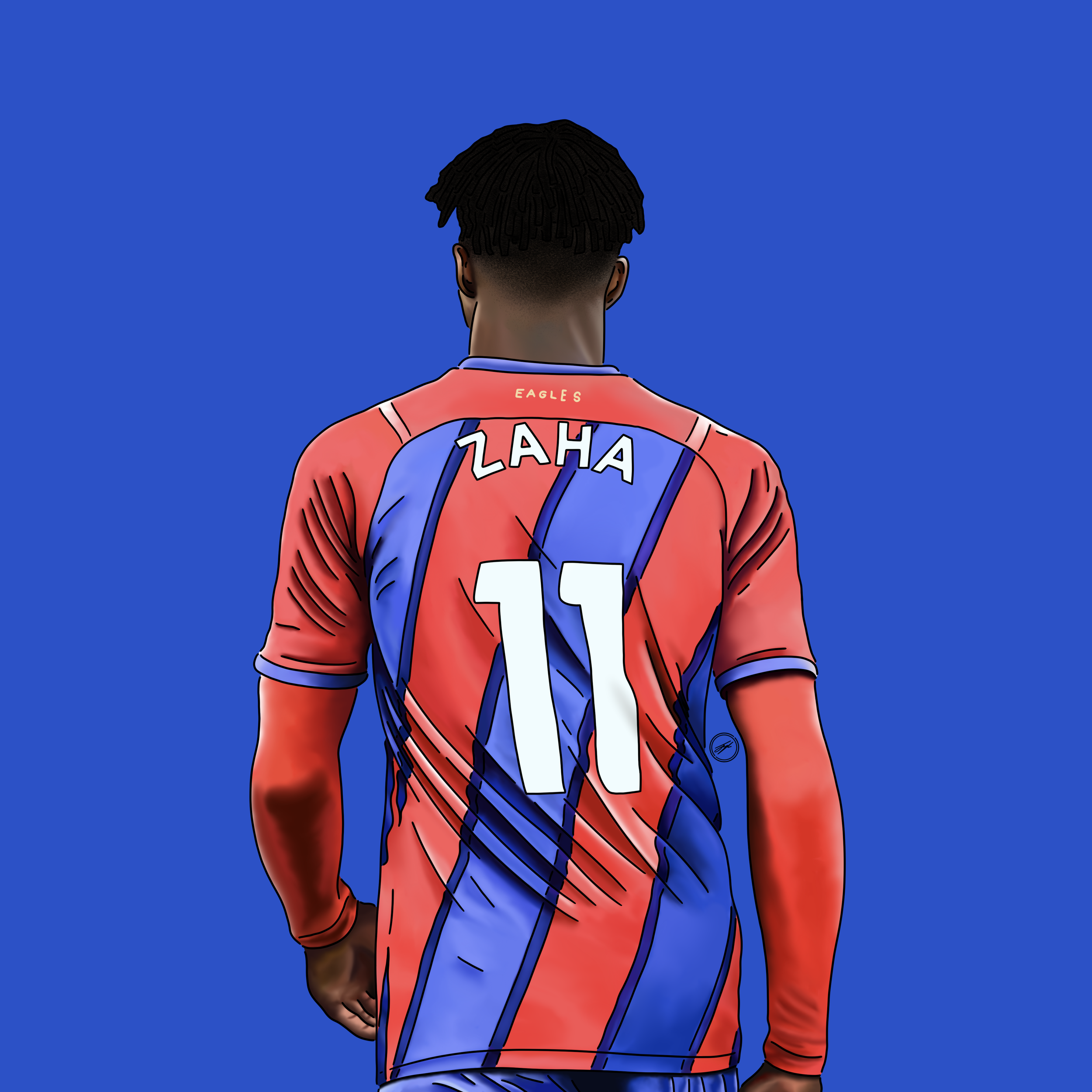 Back view of a soccer player wearing a red and blue jersey with the team name "EAGLES" and the number "11" with the name "ZAHA" on the back, standing against a blue background.