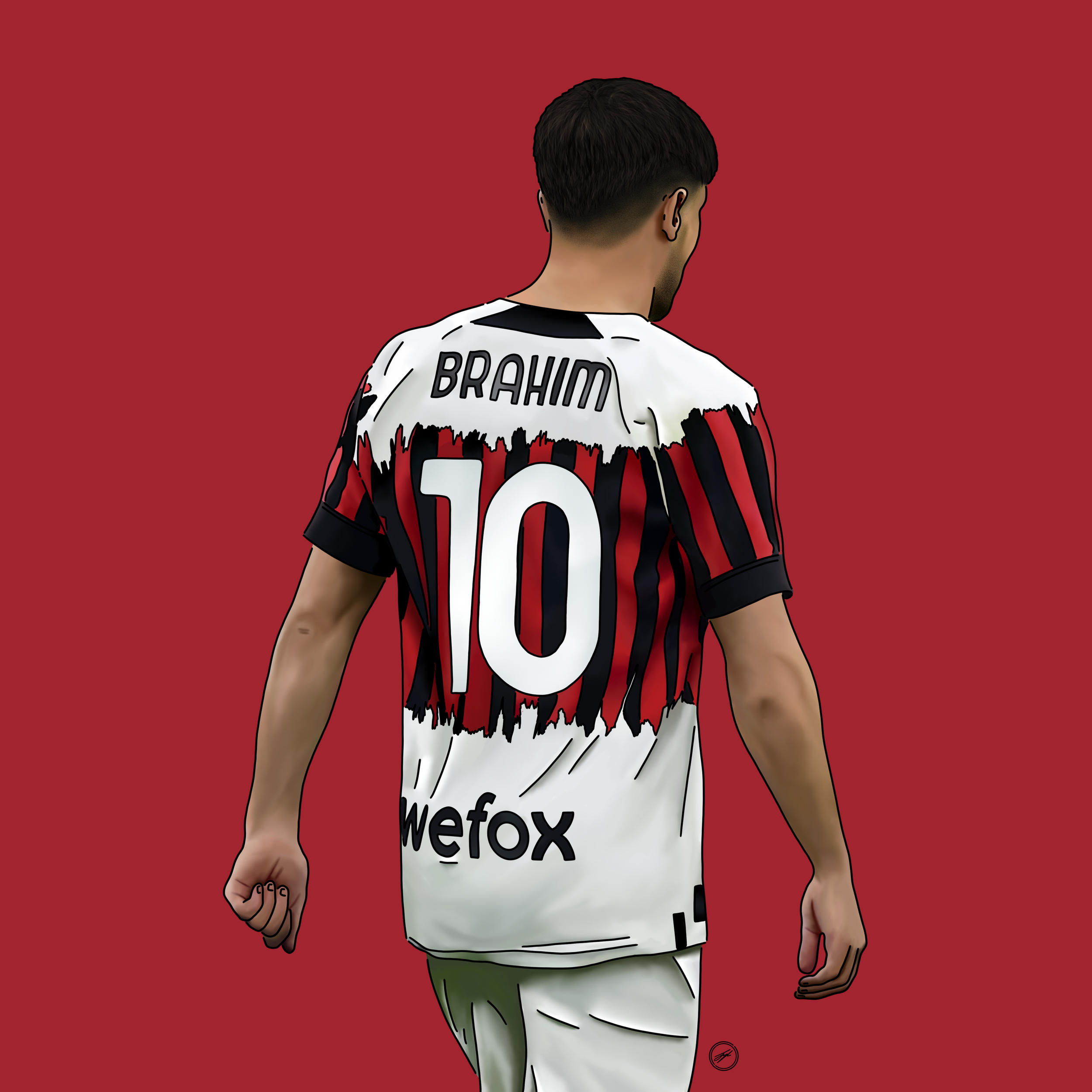 Back of a soccer player wearing a black, red, and white jersey with the number 10 and the name Brahim, standing against a red background.