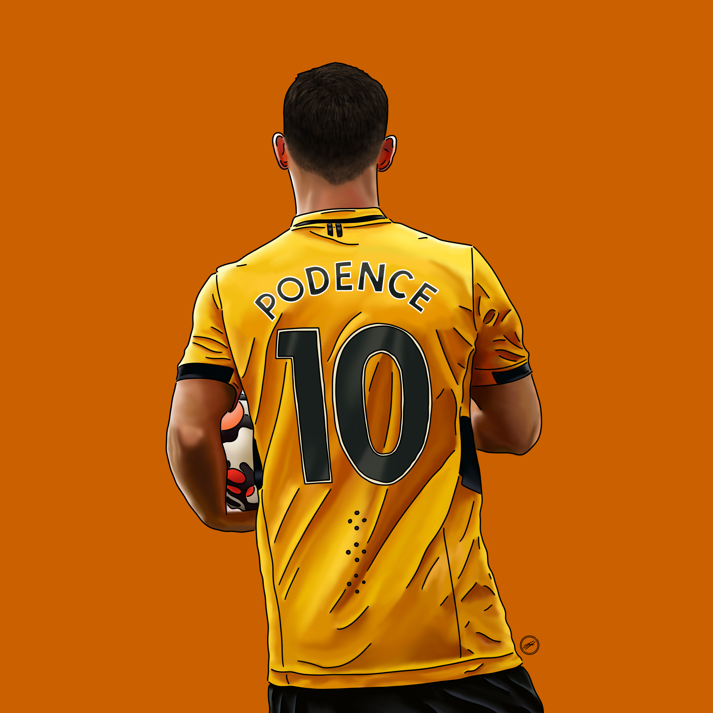 Digital illustration of a soccer player seen from the back, wearing a yellow jersey with the name 'Podence' and the number '10' on it, holding a soccer ball with a colorful pattern, against an orange background.