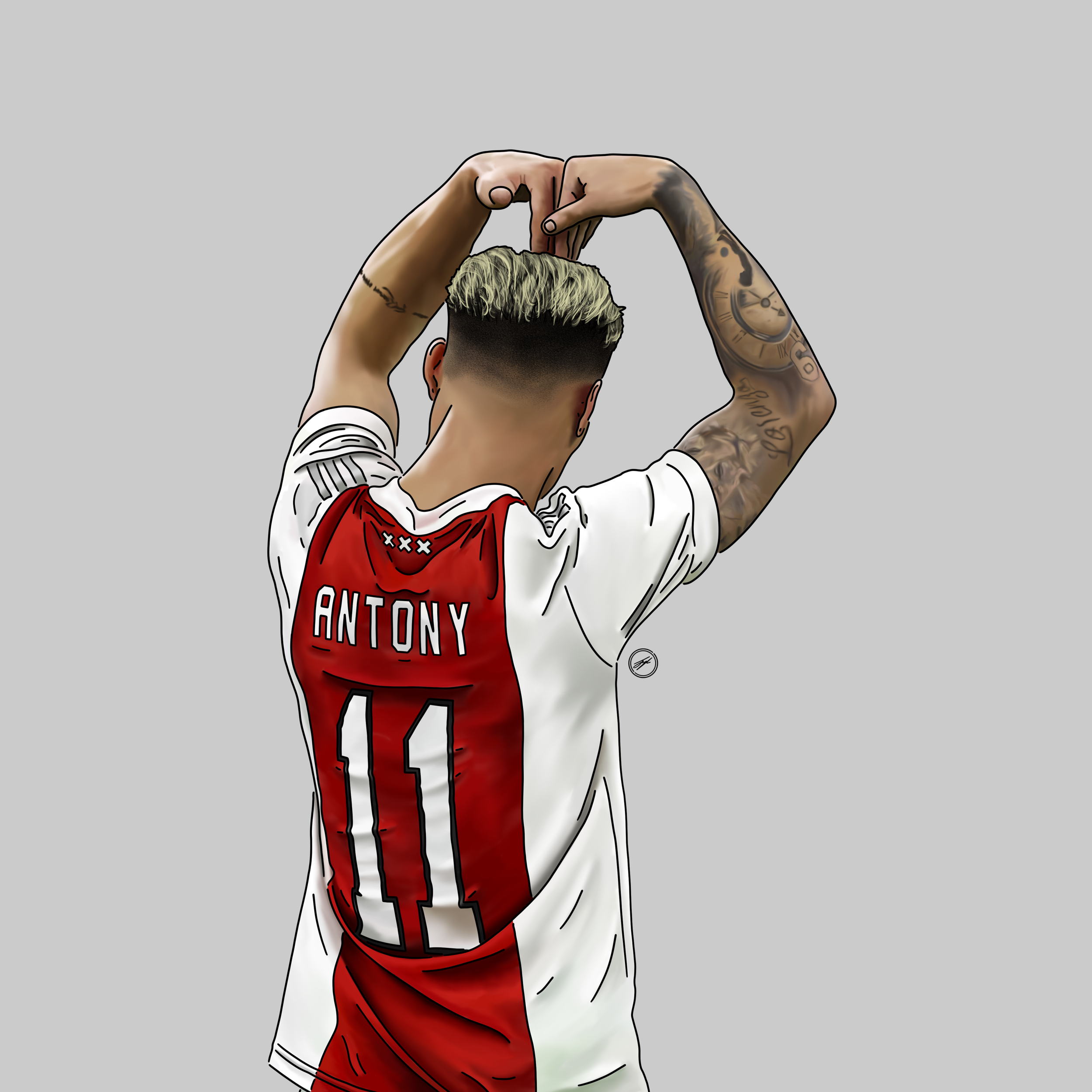 Illustration of a soccer player with blonde hair styled in a quiff, making a heart shape with arms over back, wearing a white and red jersey with the name 'Antony' and number 11 on the back.
