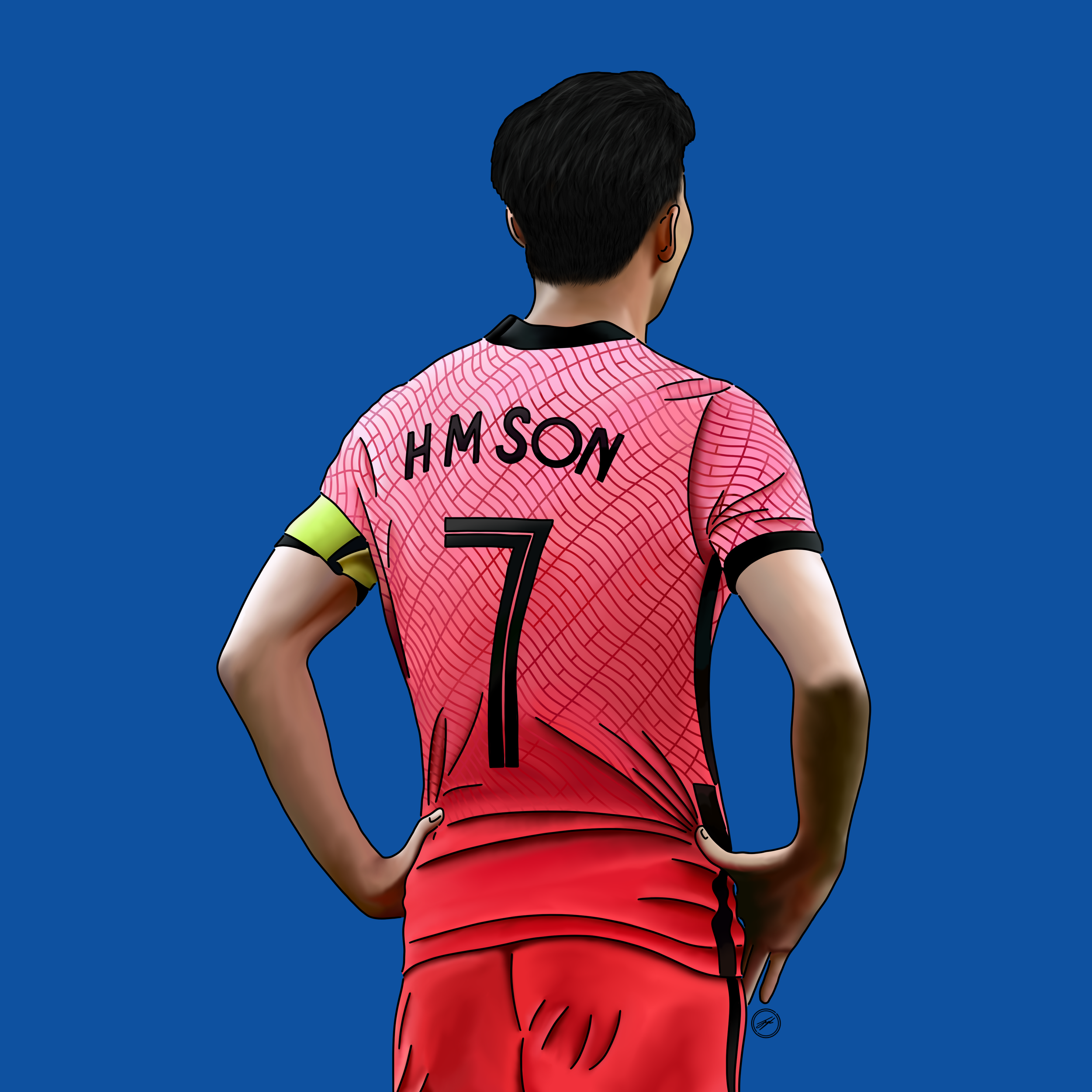 Digital illustration of a soccer player seen from behind, wearing a pink jersey with the name 'H M SON' and the number 7, against a blue background.