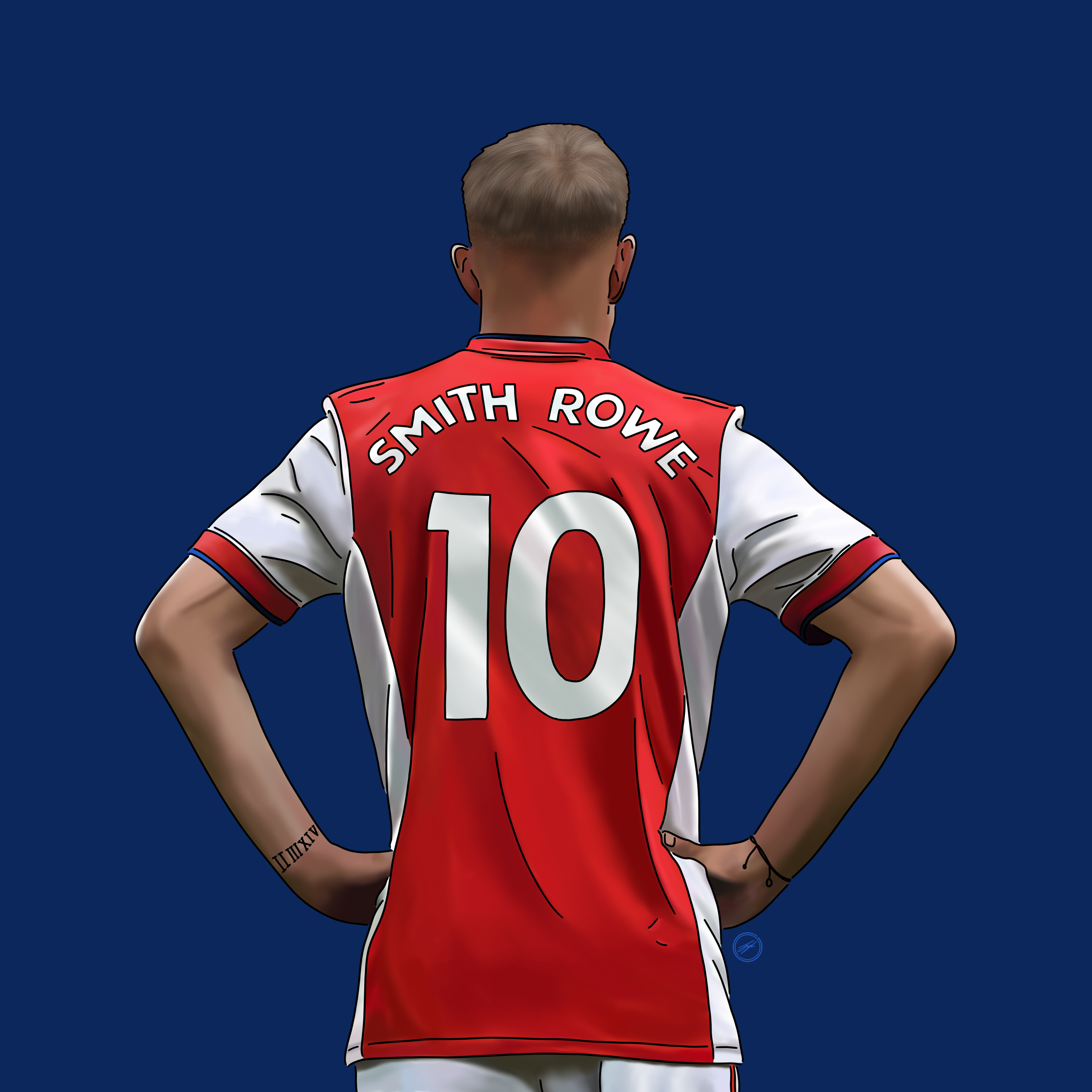 Digital illustration of a person in a red and white sports jersey with the name 'Smith Rowe' and the number '10' on the back, standing with hands on hips against a solid blue background.