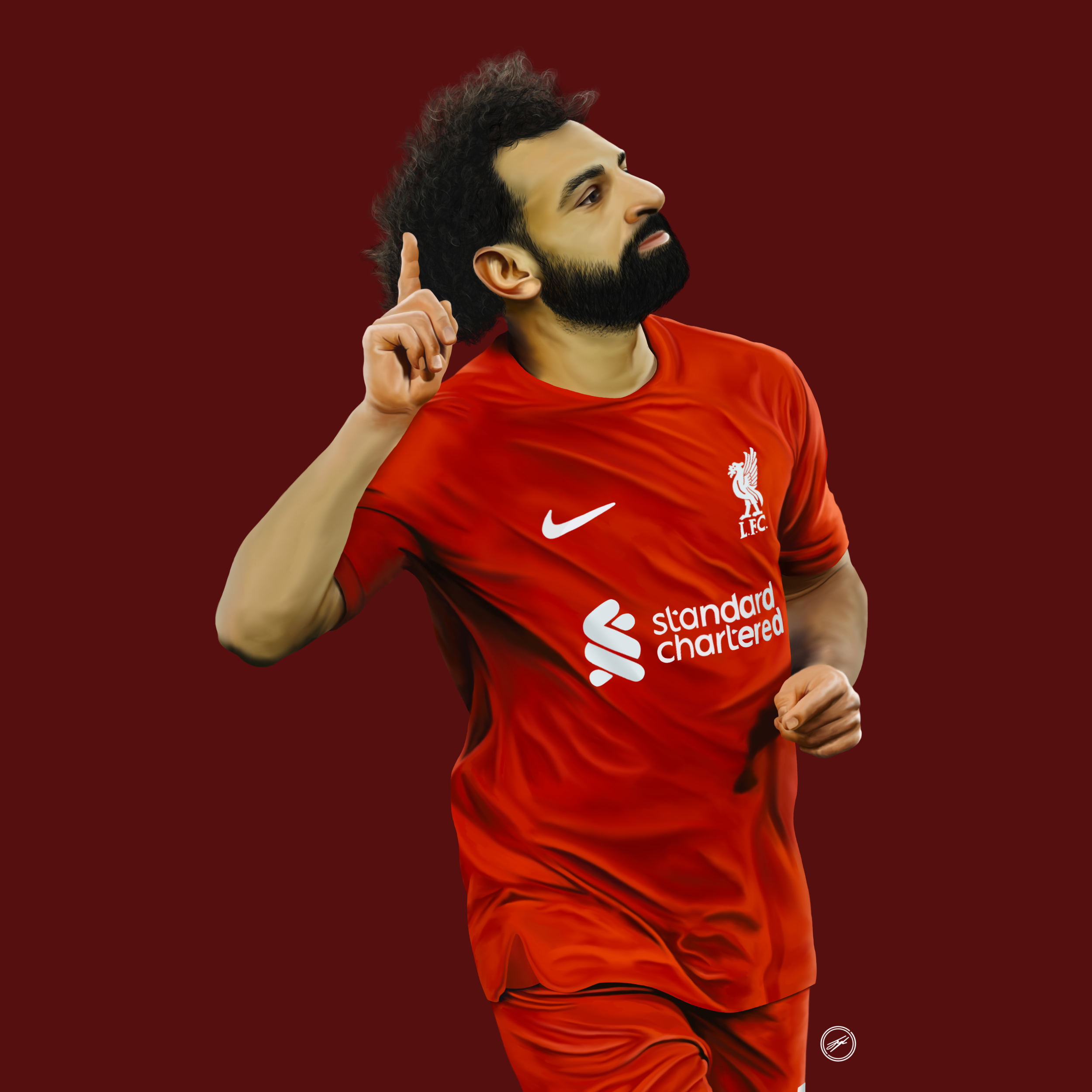 An illustrated football player wearing a red Liverpool FC kit with a white Nike logo, Liverpool crest, and Standard Chartered sponsor, posing with his right finger raised to his temple against a red background.