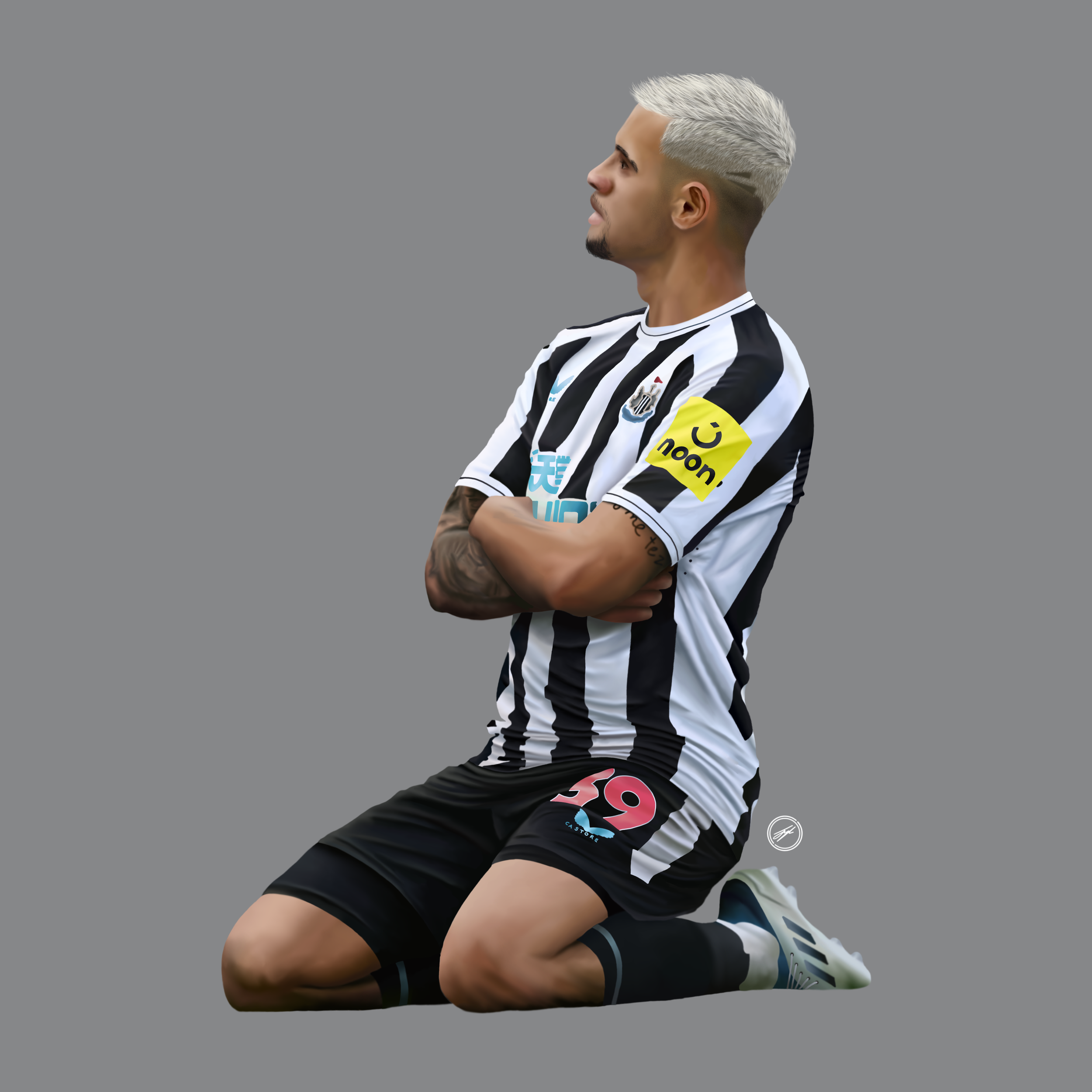 A male soccer player with platinum blonde hair and tattoos kneeling on the field with crossed arms, wearing a black and white striped jersey with the number 59 and sponsor logos, against a gray background.