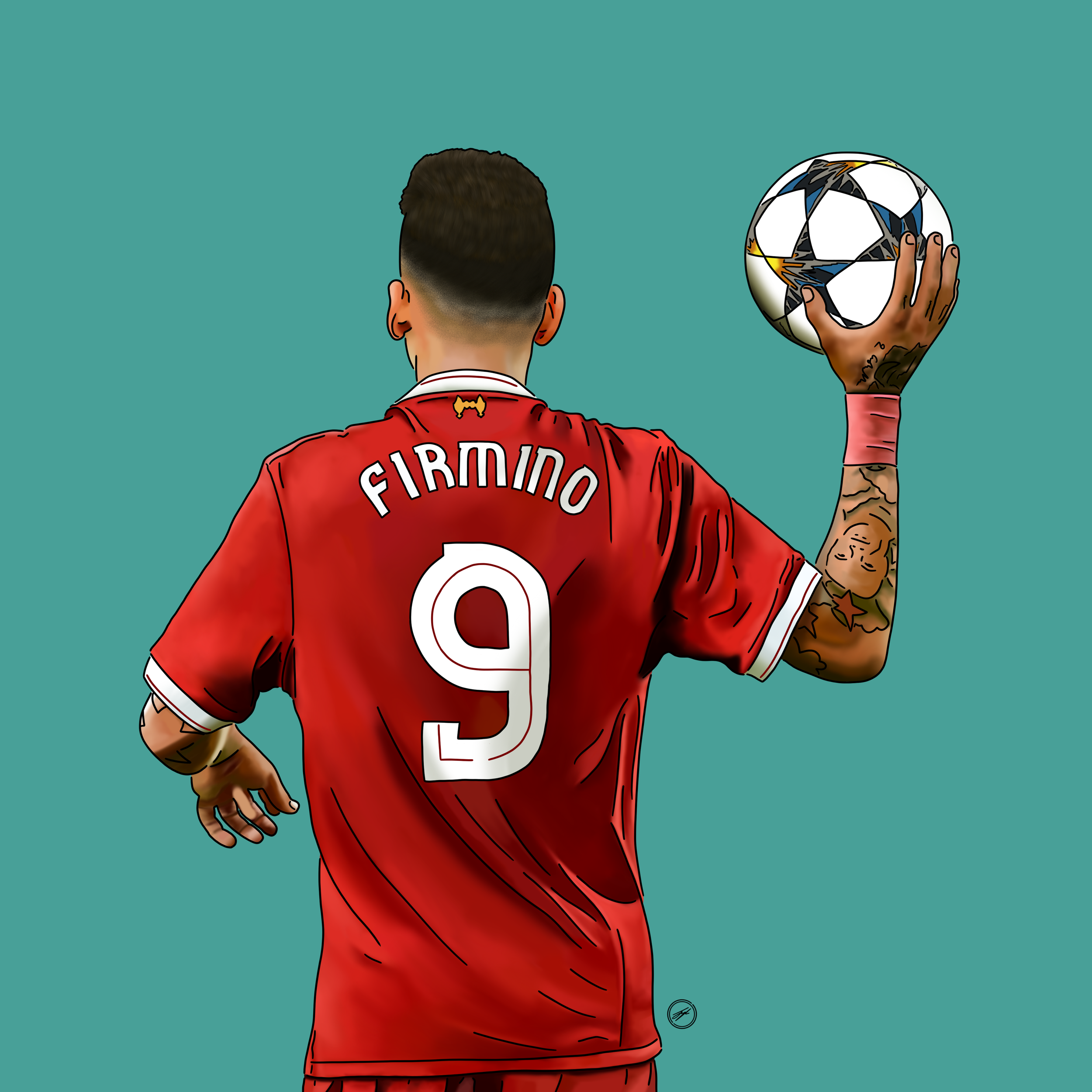 Illustration of a soccer player with tattoos on his arm, wearing a red jersey with the name 'FIRMINO' and the number 9, holding a soccer ball.
