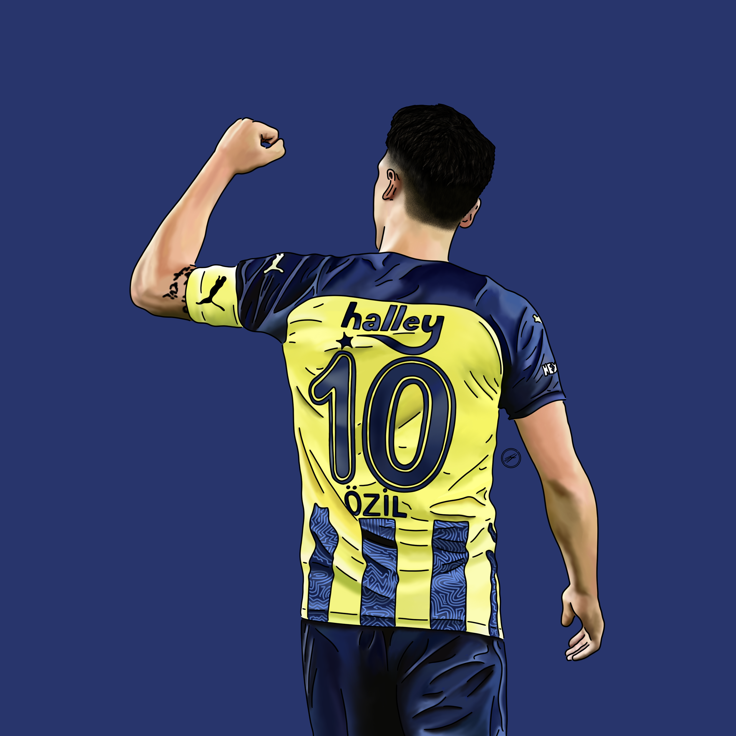 Illustration of a soccer player from behind, wearing a blue and yellow jersey with the number 10 and the name Ozil, celebrating with a clenched fist raised.