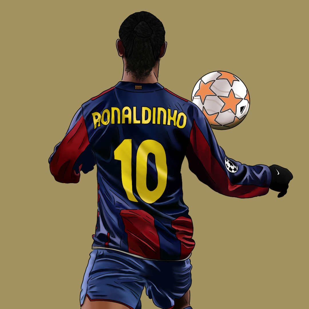 A digital illustration of a soccer player with the name Ronaldo and the number 10 on his jersey, facing away, controlling a soccer ball.