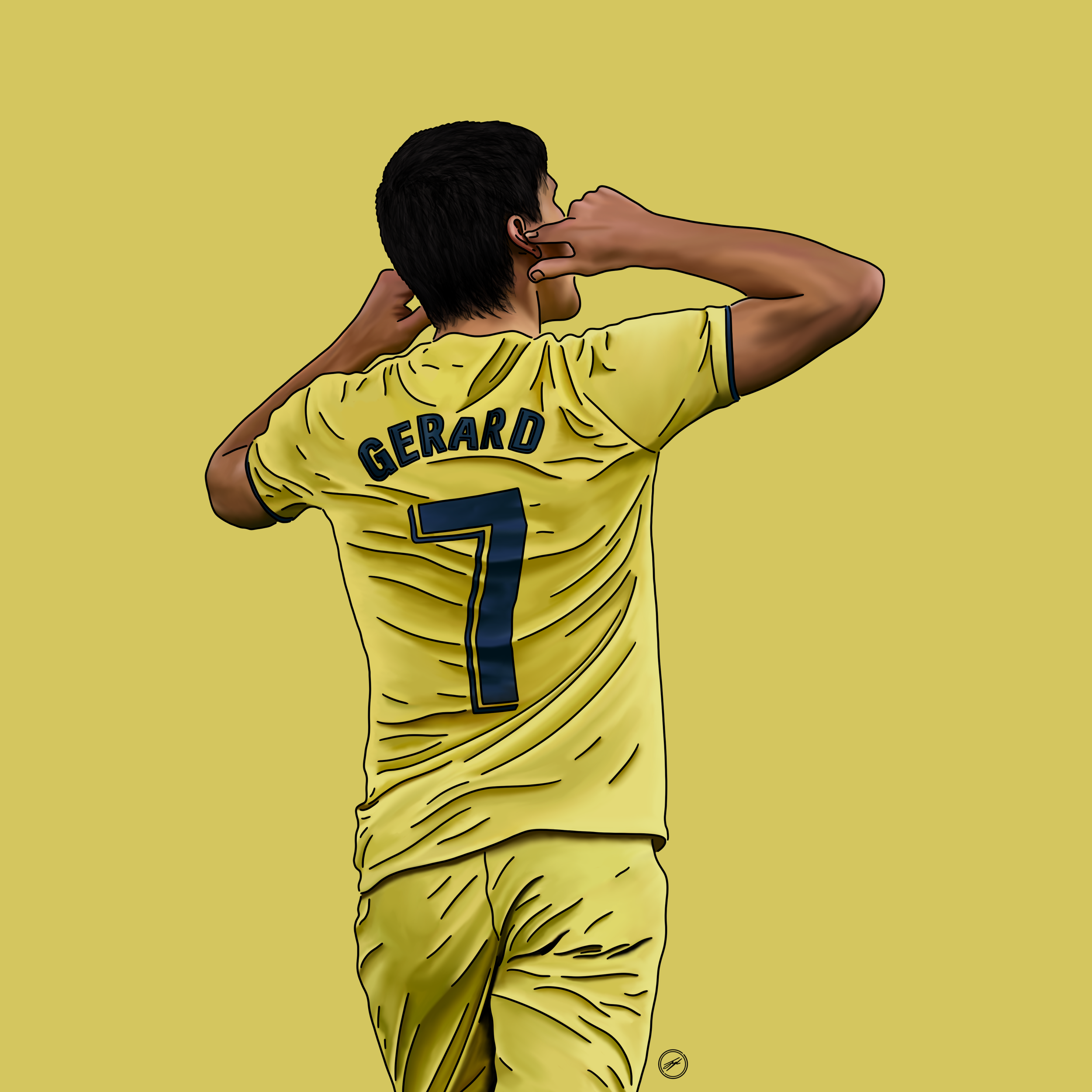 Sportscaster or athlete wearing a yellow sports jersey with the name 'GERARD' and the number 7 on the back, making a gesture with both hands near his ears against a yellow background.