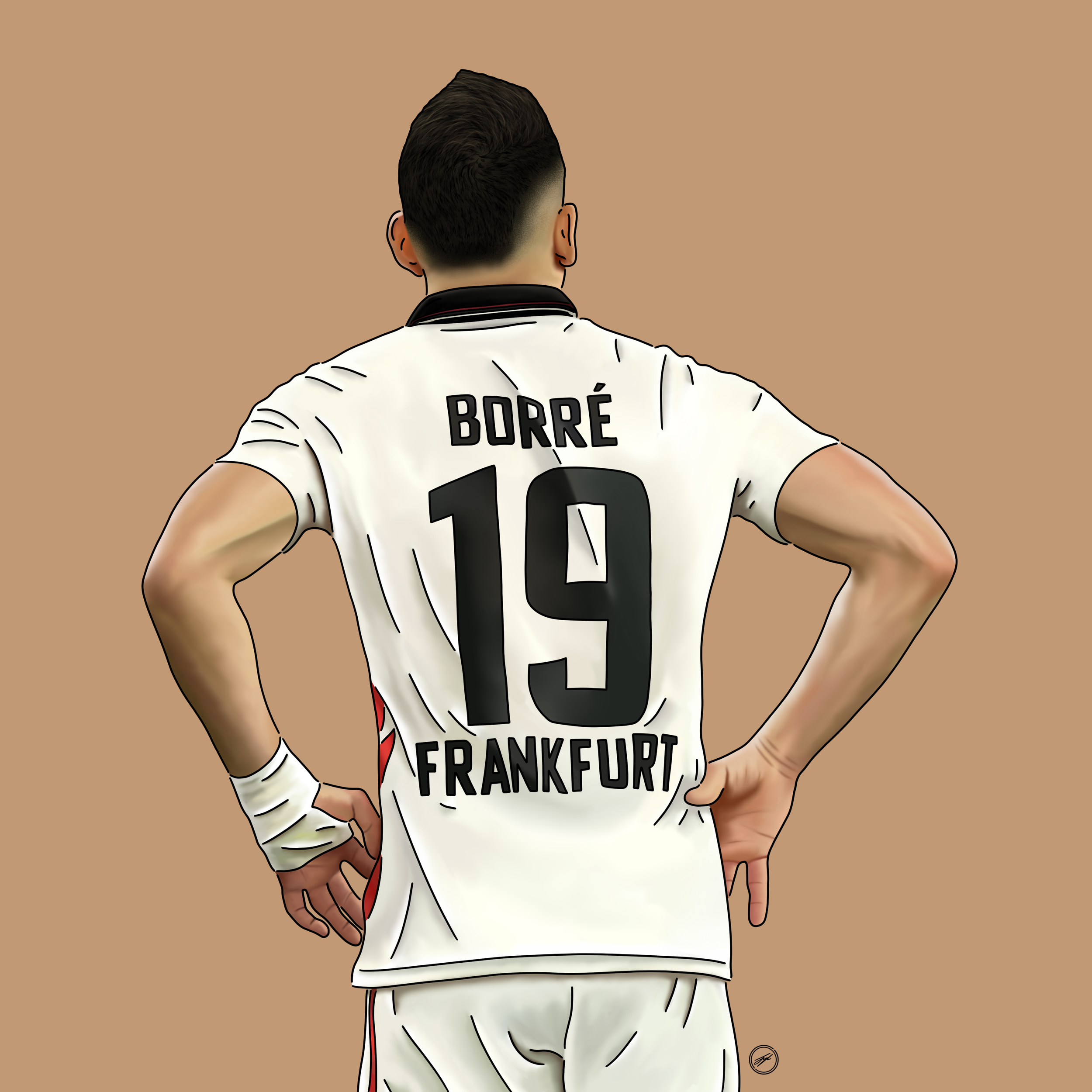 Illustration of a soccer player from behind, wearing a white jersey with the name 'Borré', number '19', and 'Frankfurt' written on the back.