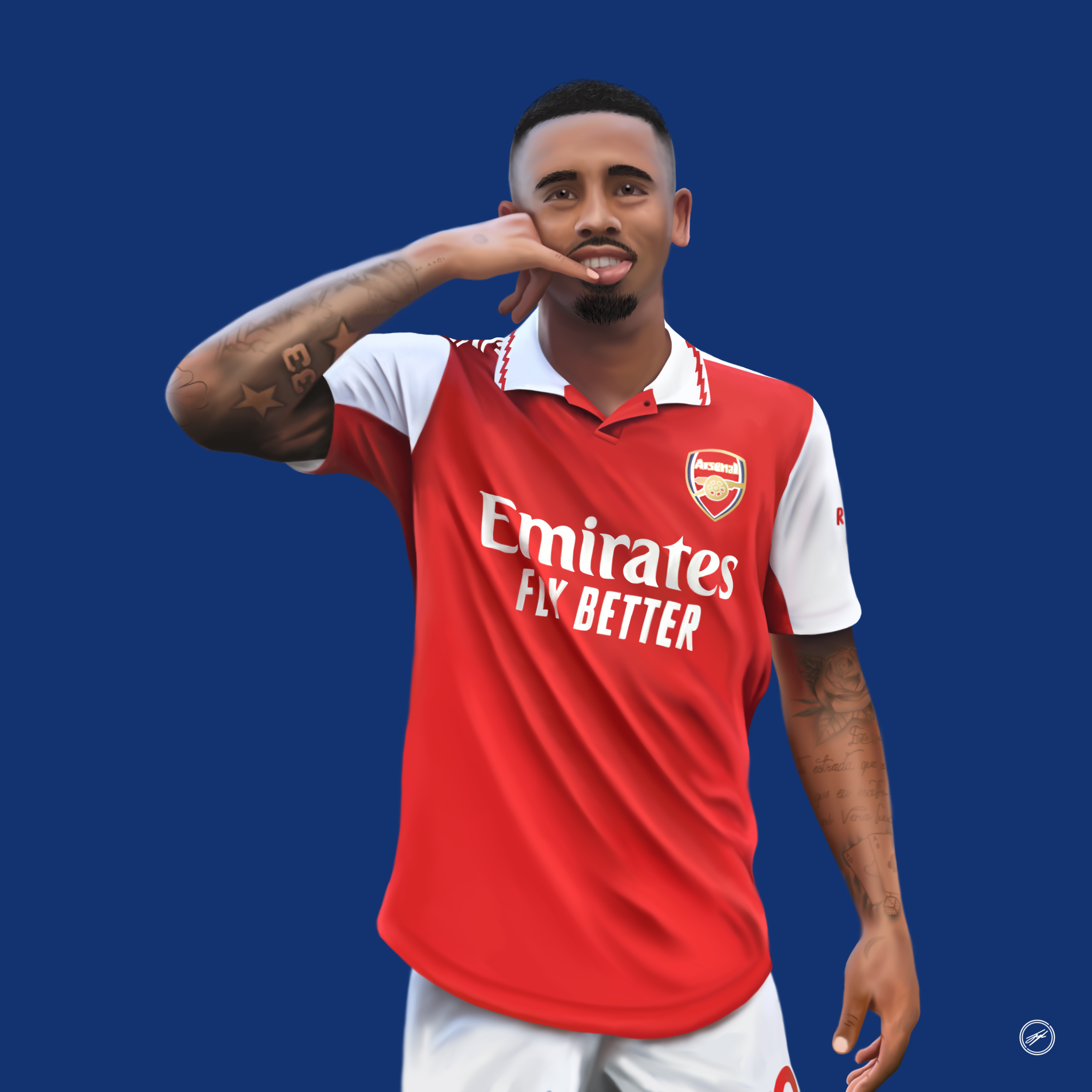 Digital illustration of a soccer player in an Arsenal jersey making a gesture with his hand at his ear, against a solid dark blue background.