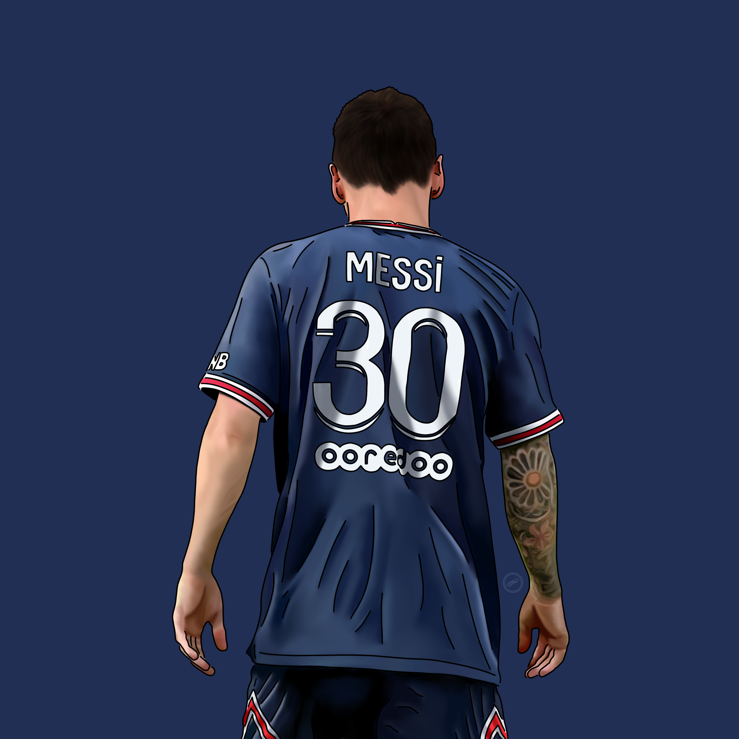 Digital illustration of soccer player Lionel Messi from behind, wearing Paris Saint-Germain jersey with number 30, against dark blue background.