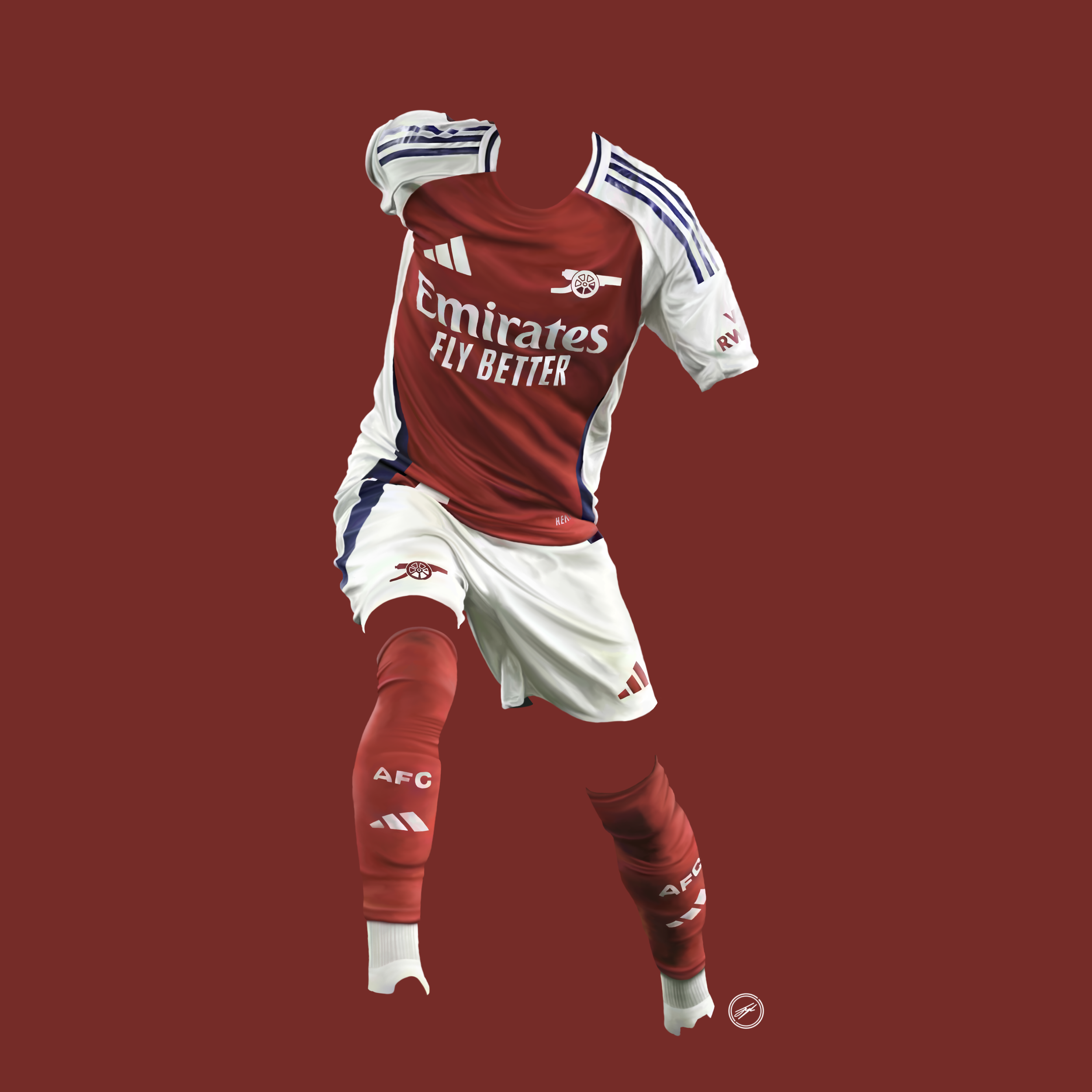 Digital artwork of a football player wearing an Arsenal jersey and red socks, mid-action against a solid red background.