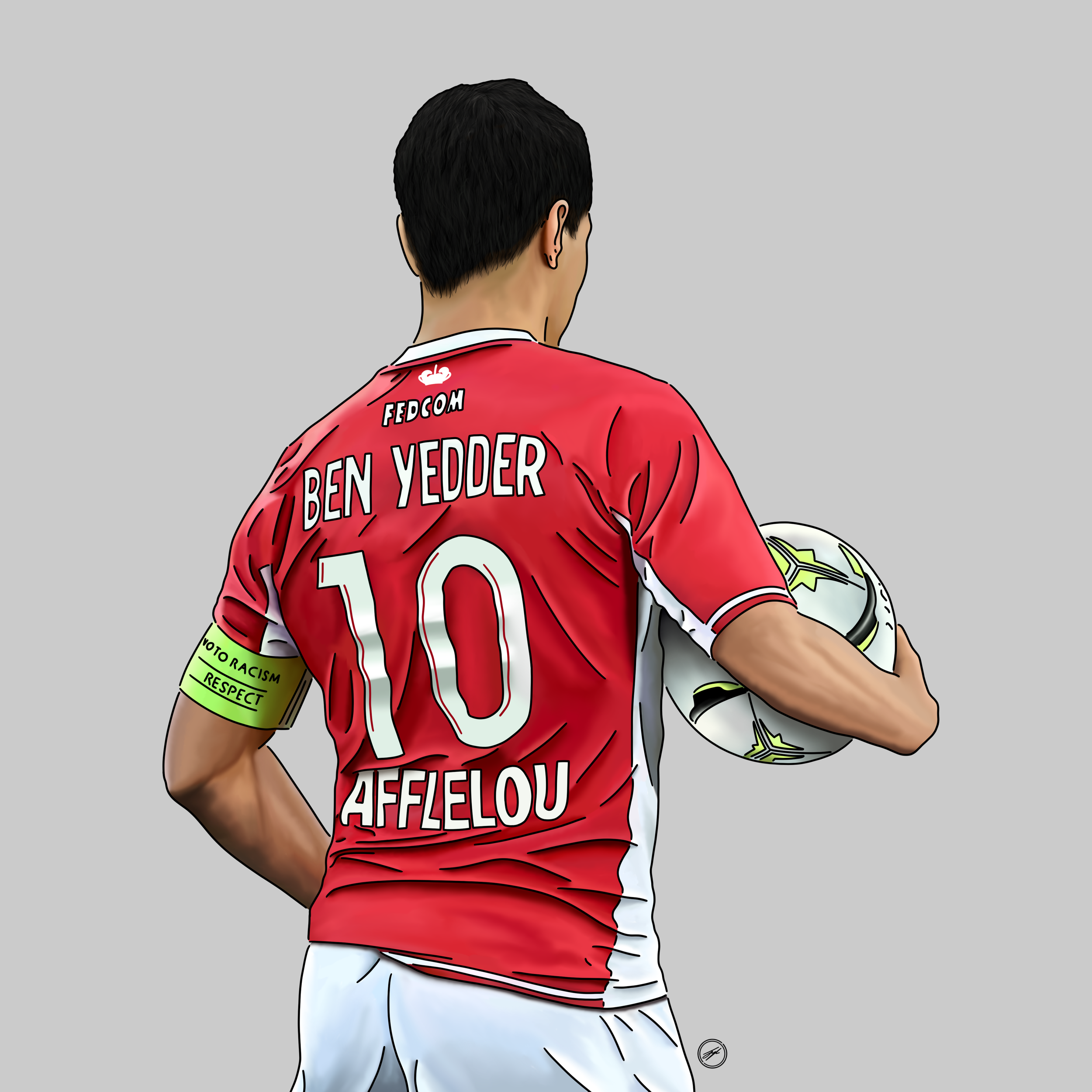 A soccer player wearing a red jersey with the name Ben Yedder and the number 10, holding a soccer ball with a gray background, and wearing a yellow captain's armband.