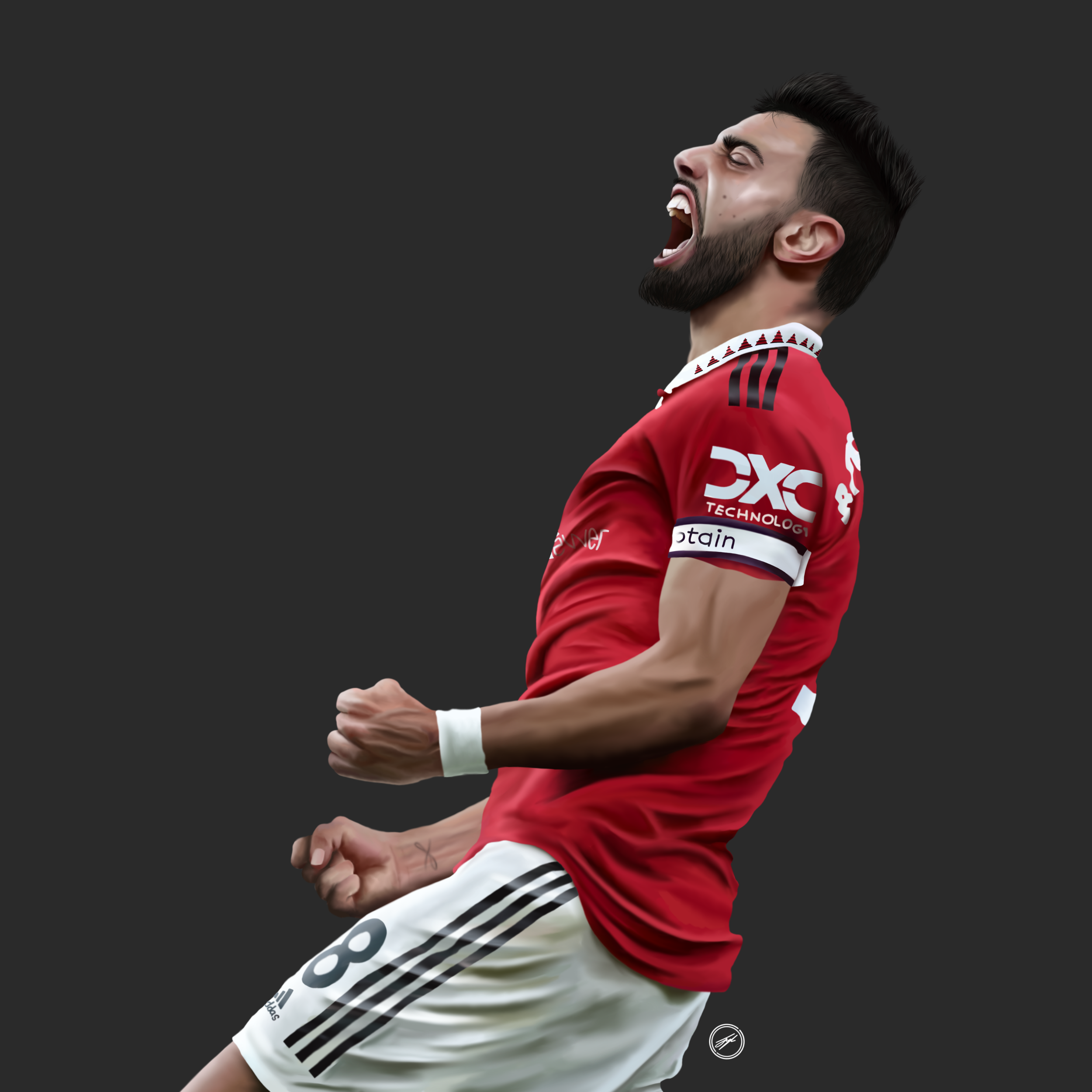 A soccer player in a red jersey with black and white accents, celebrating with clenched fists and a triumphant expression against a dark background.