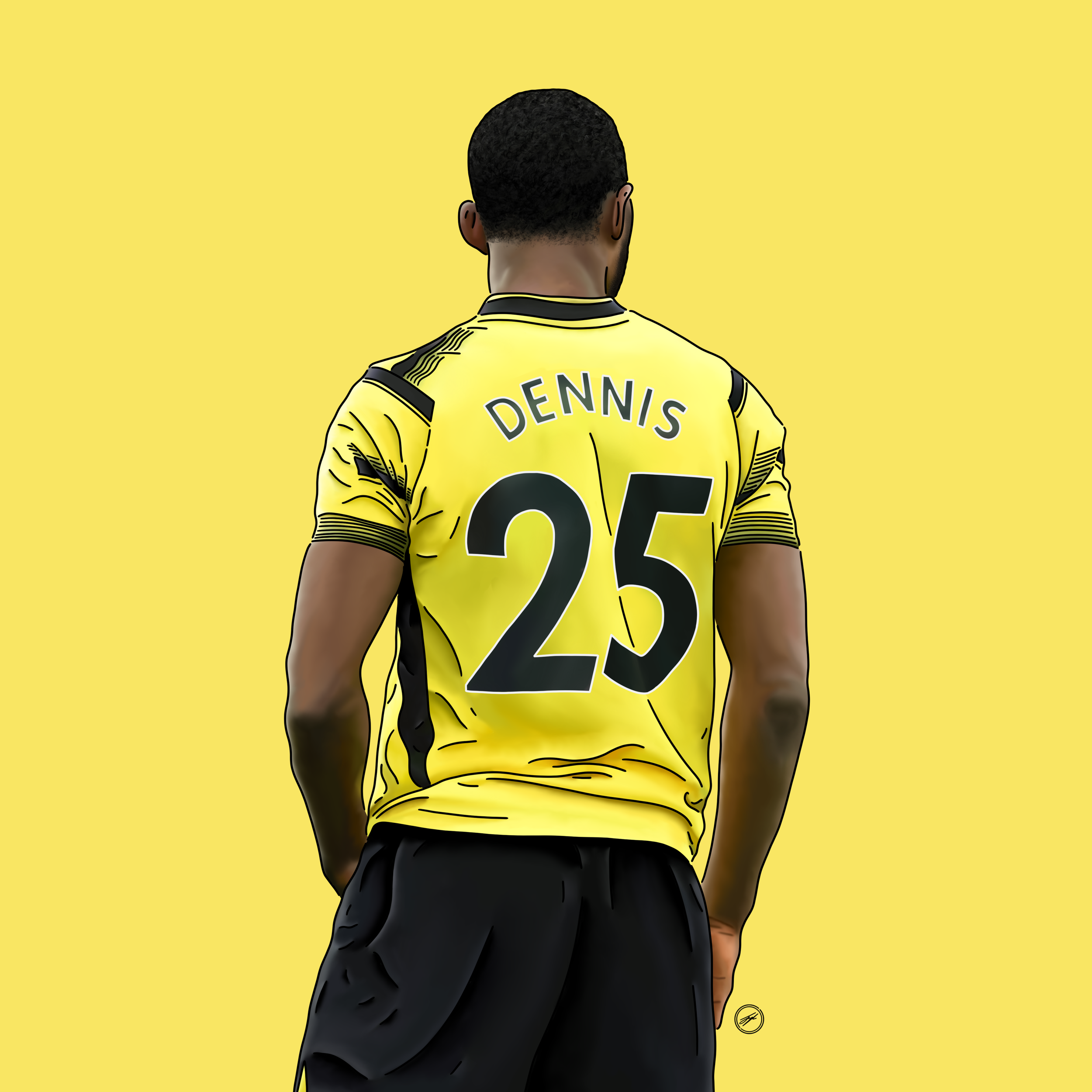 Stylized illustration of a soccer player wearing a yellow jersey with the name 'Dennis' and the number '25' on the back, standing against a solid yellow background.