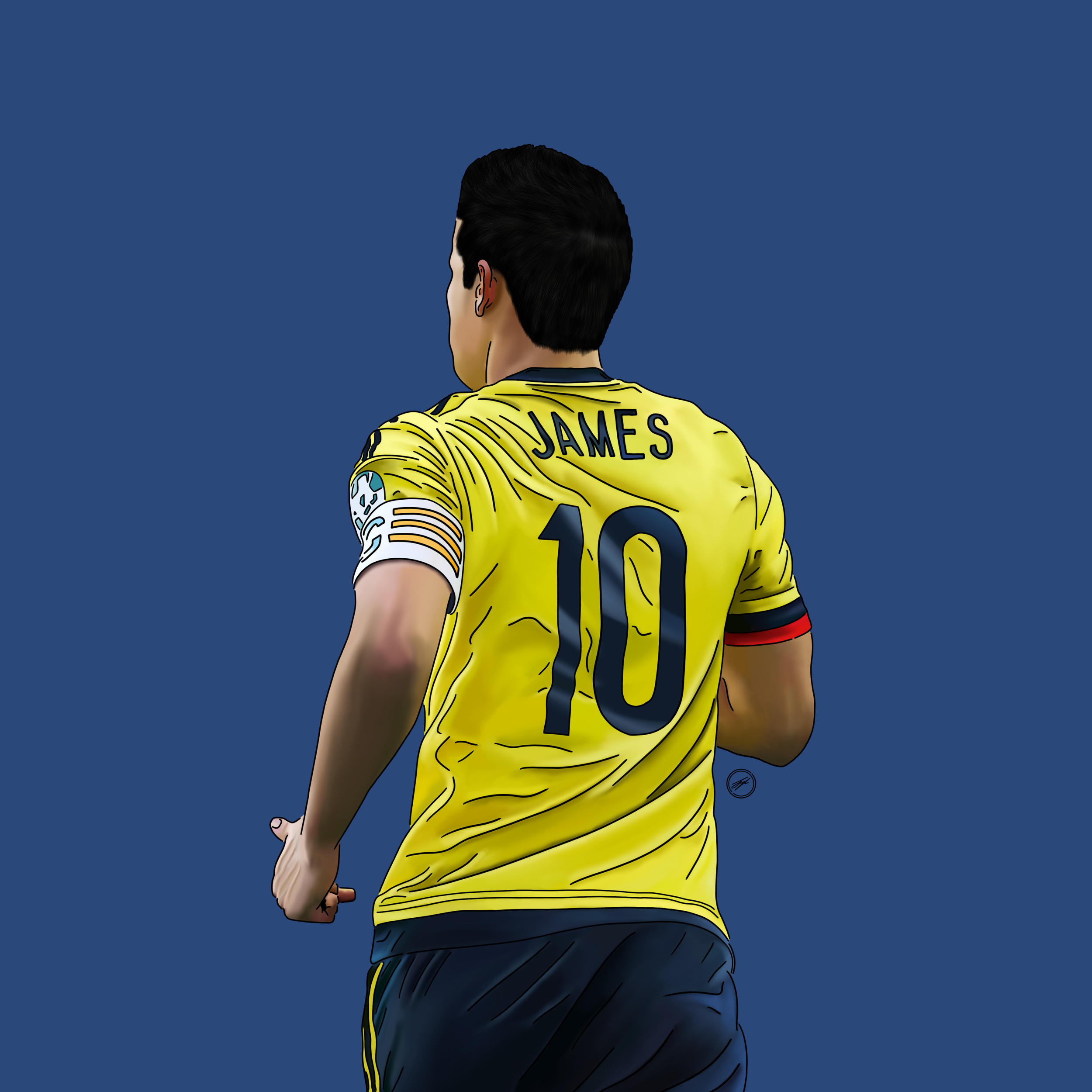 Digital illustration of a soccer player from behind, wearing a yellow jersey with the name 'JAMES' and the number '10' on the back, set against a plain blue background.