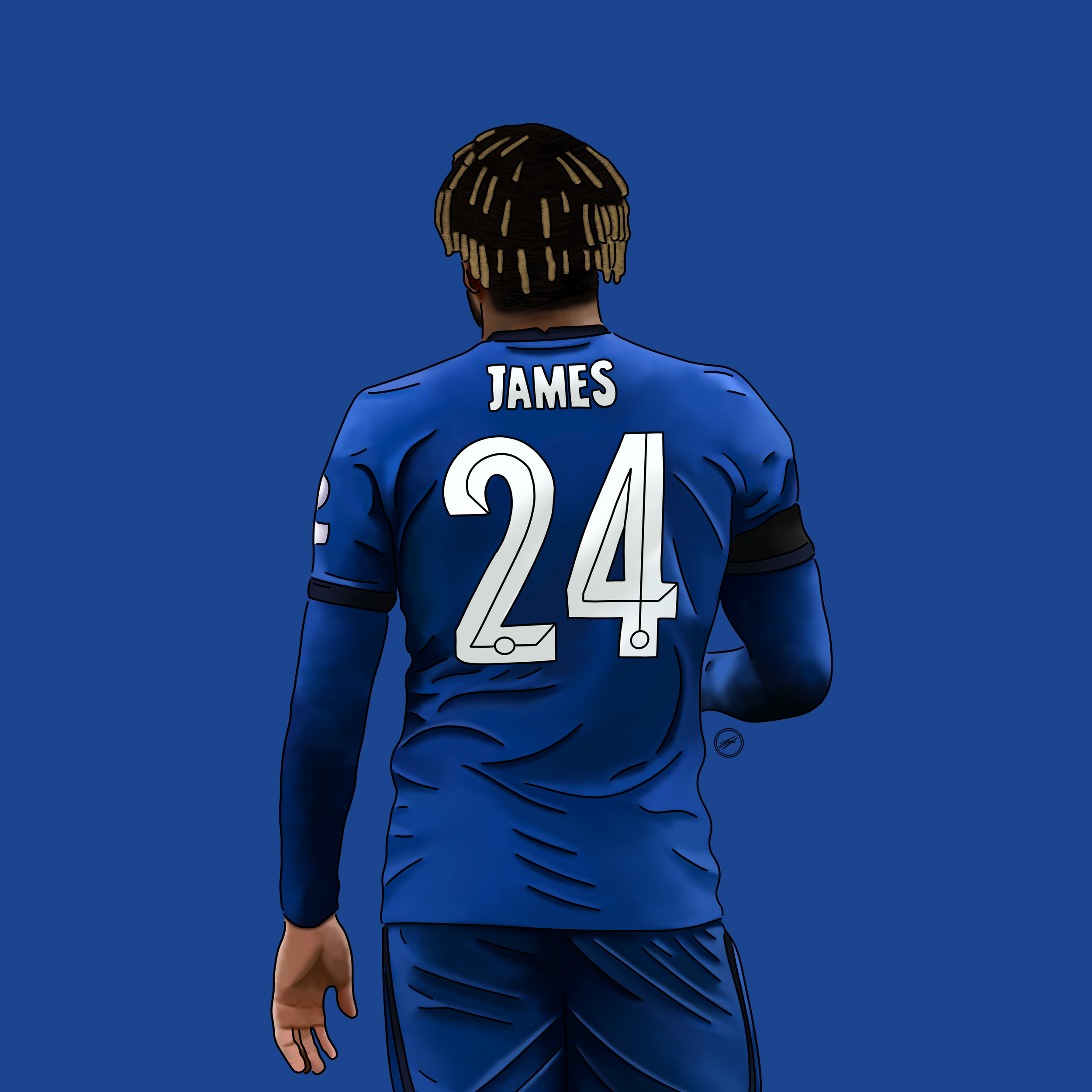 Digital illustration of a football player from behind, wearing a blue jersey with the name 'JAMES' and the number '24' on the back.